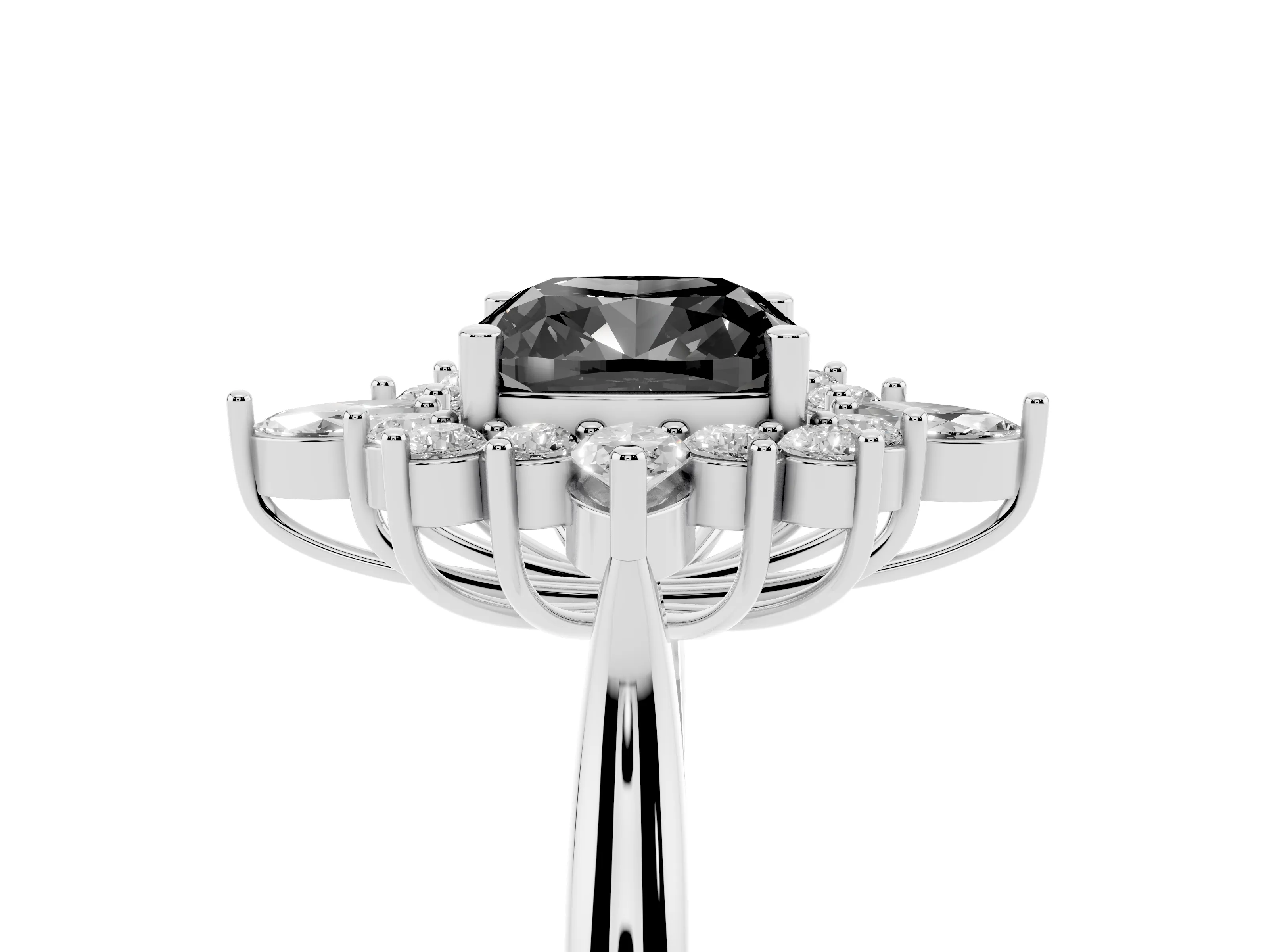 Fancy Black Cushion Cut Diamond Cluster Halo Ring Set in Platinum with Marquise and Round Accents