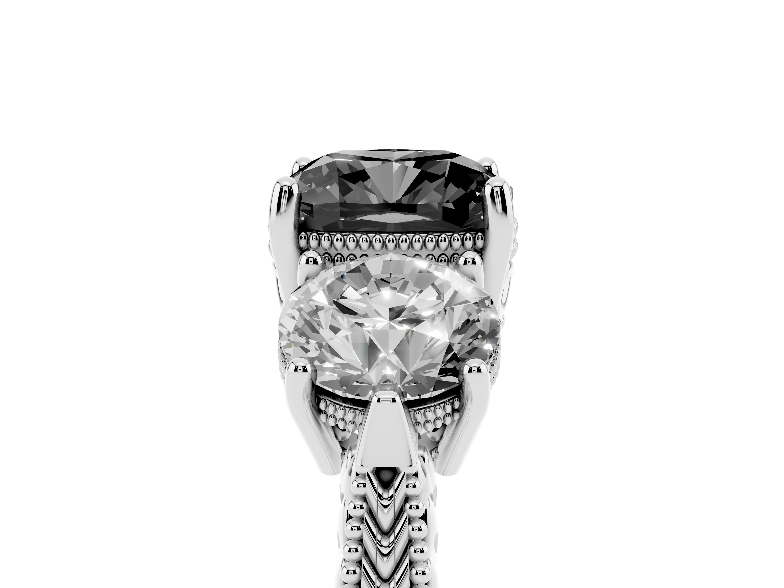 Fancy Black Cushion Cut Diamond Three-Stone Ring Set in White gold with Milgrain Band