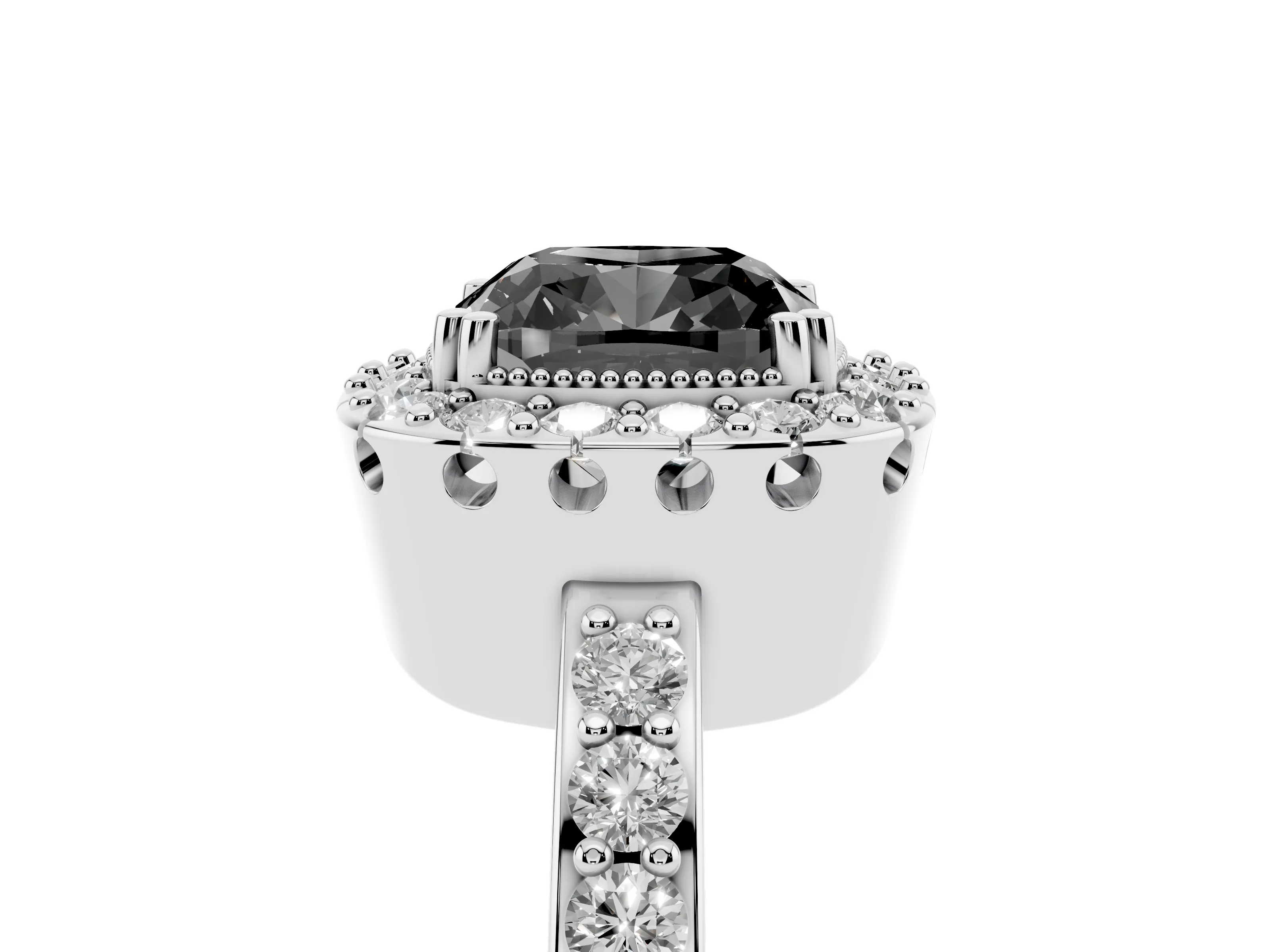 Fancy Black Cushion Cut Diamond Halo Ring Set in White gold with Pavé Shank and Prong Setting