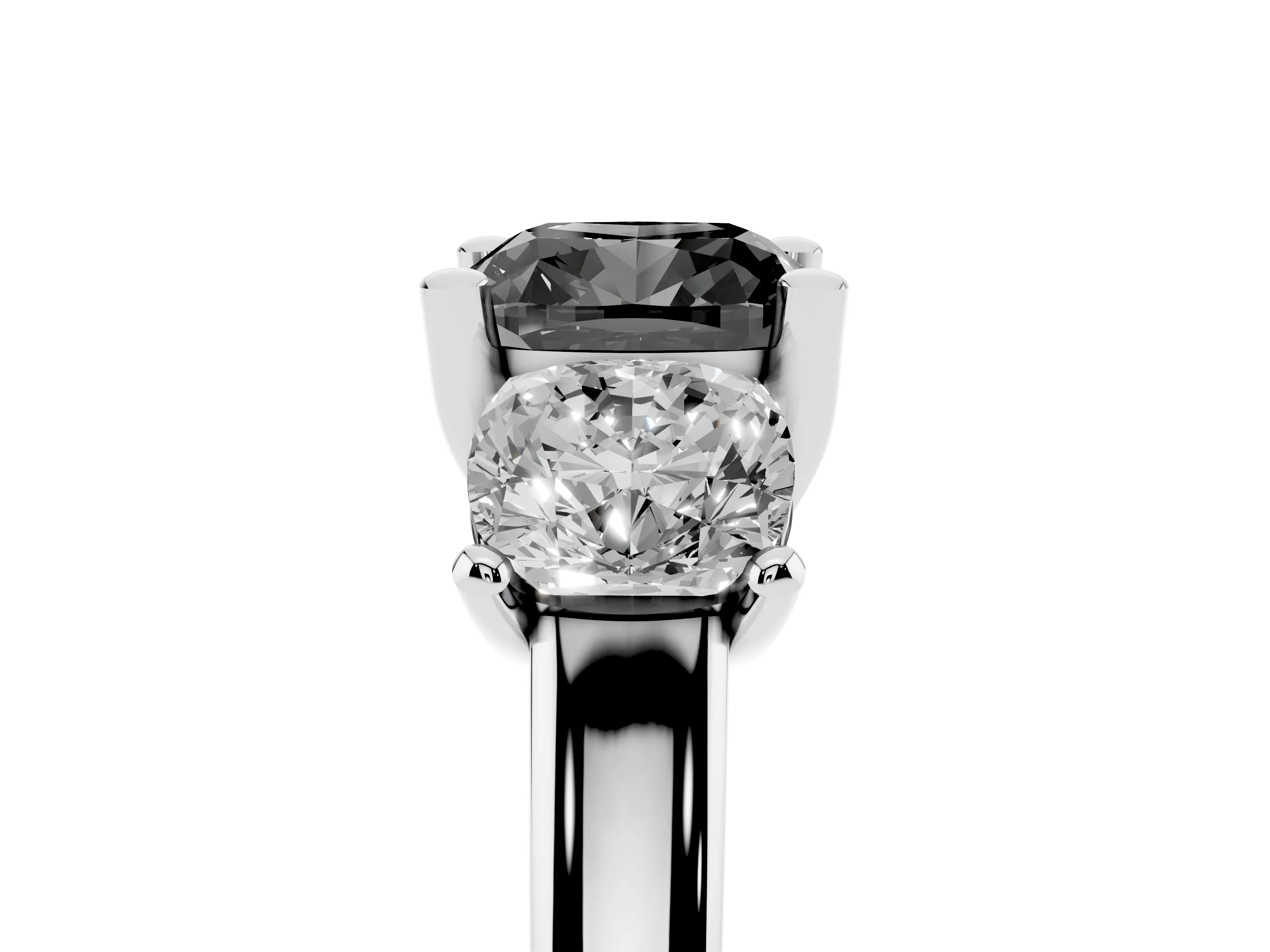 Fancy Black Cushion Cut Diamond Three-Stone Ring Set in White gold with Classic Prong Setting and Plain Band