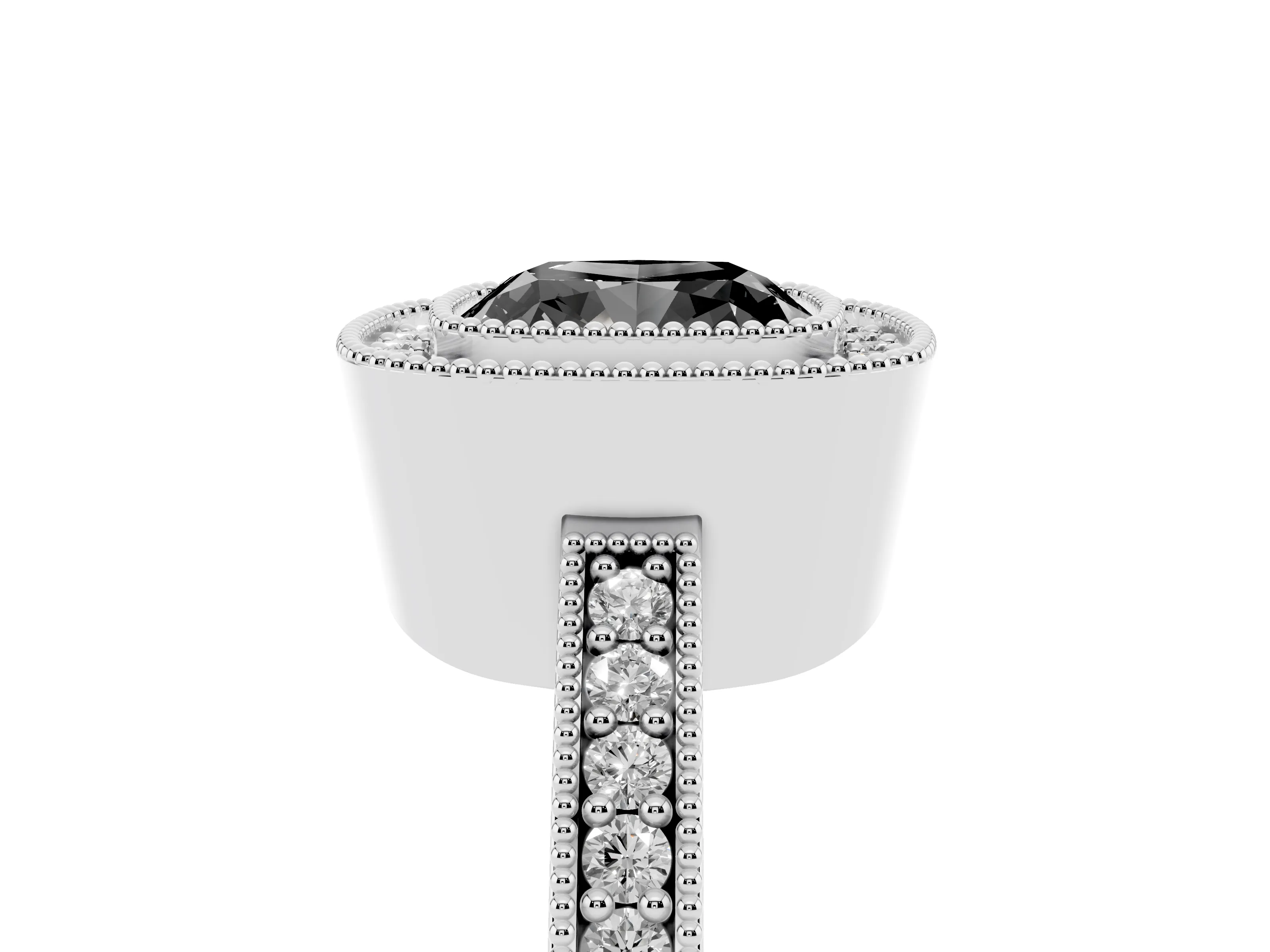 Fancy Black Cushion Cut Diamond Halo Engagement Ring Set in Platinum with Pavé Band and Round Halo Stones