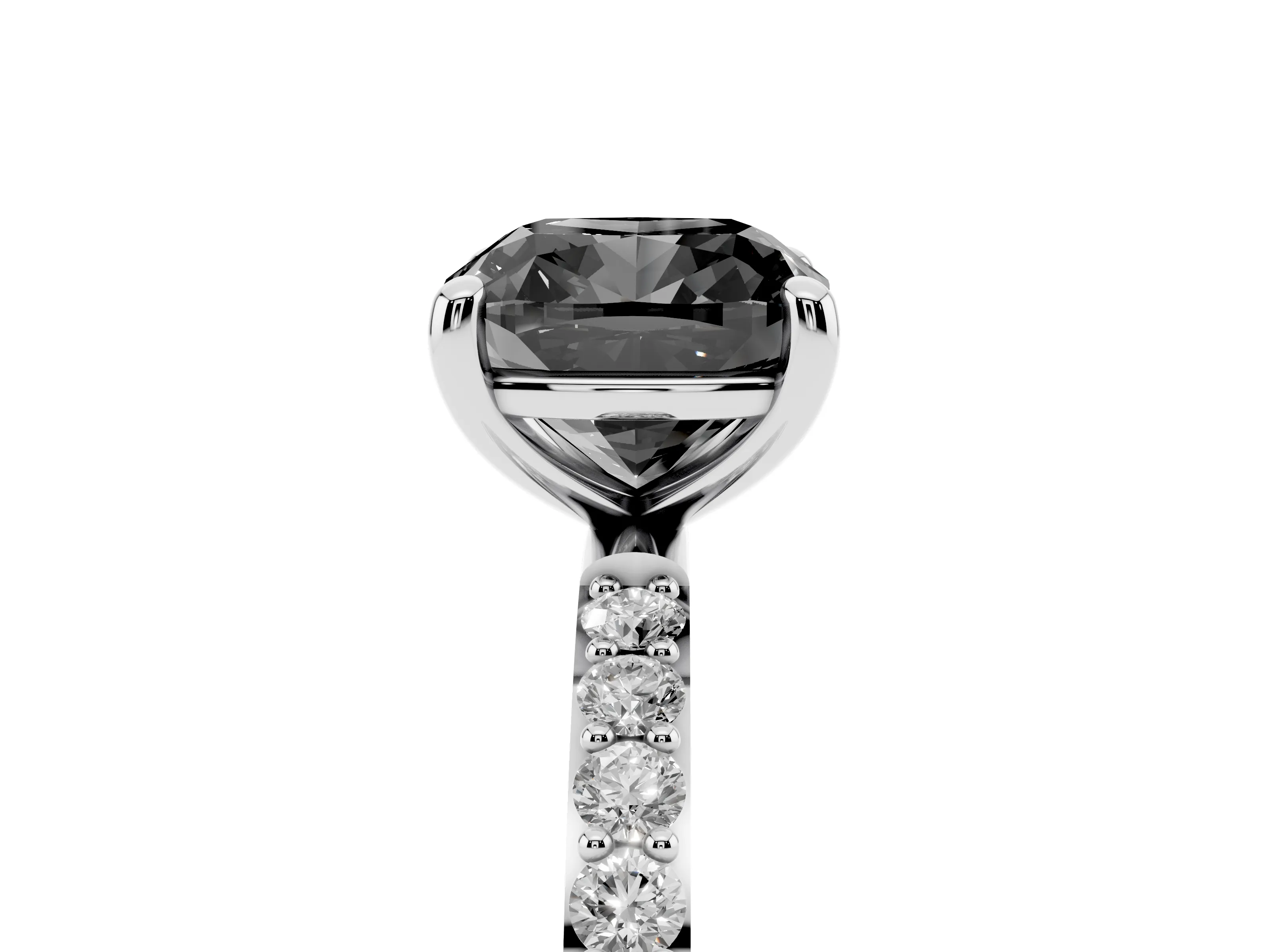Fancy Black Cushion Cut Diamond Solitaire Ring Set in Platinum with Round Pavé Band and Prong Setting
