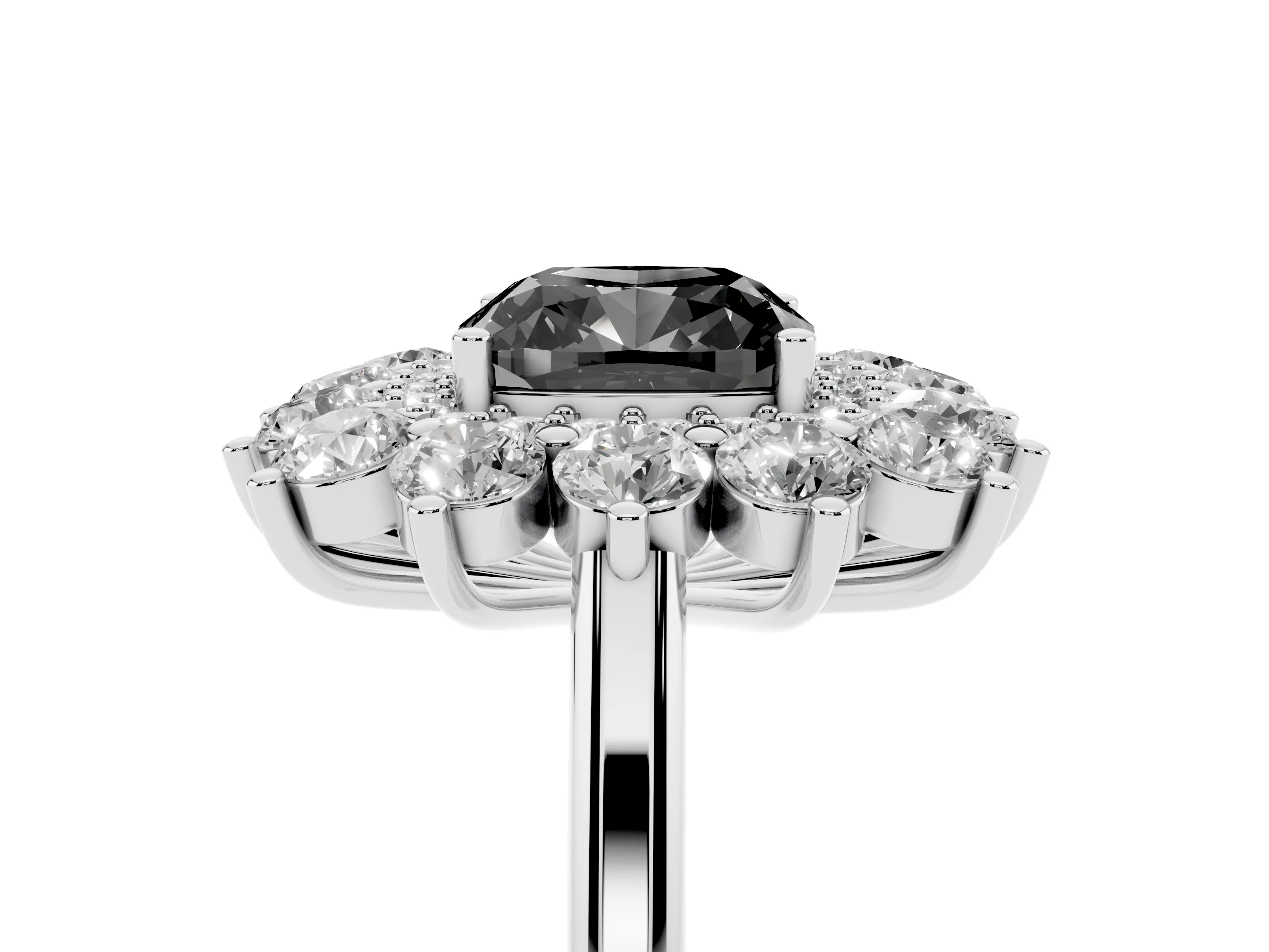 Fancy Black Cushion Cut Diamond Floral Double Halo Ring Set in Platinum with Round Petals
