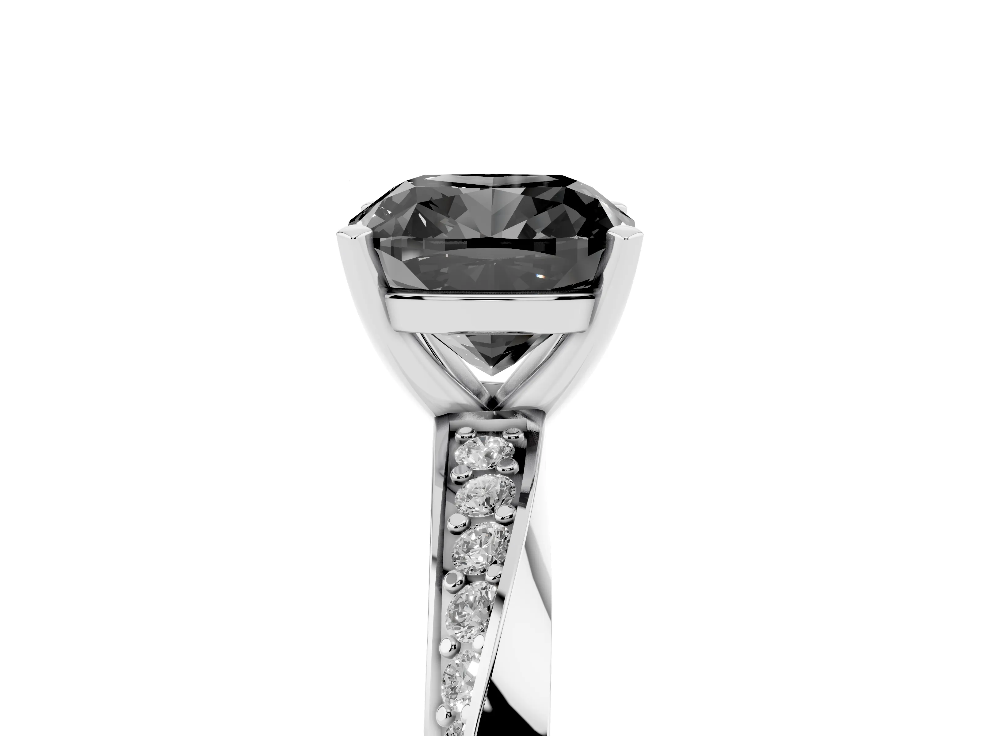 Fancy Black Cushion Cut Diamond Engagement Ring Set in Silver with Side Stone Accents and Prong Setting