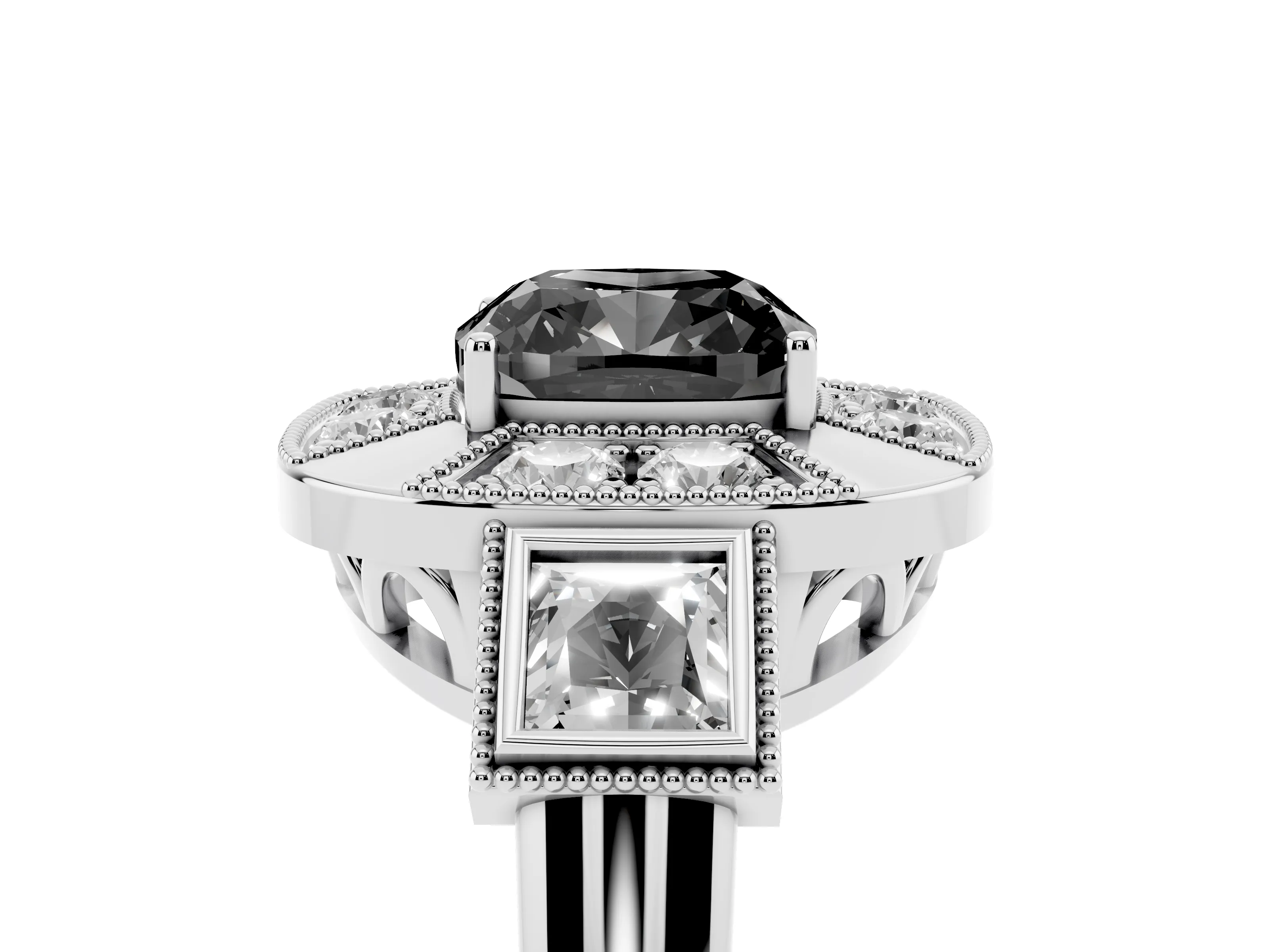 Fancy Black Cushion Cut Diamond Milgrain Halo Ring Set in Silver with Split Shank