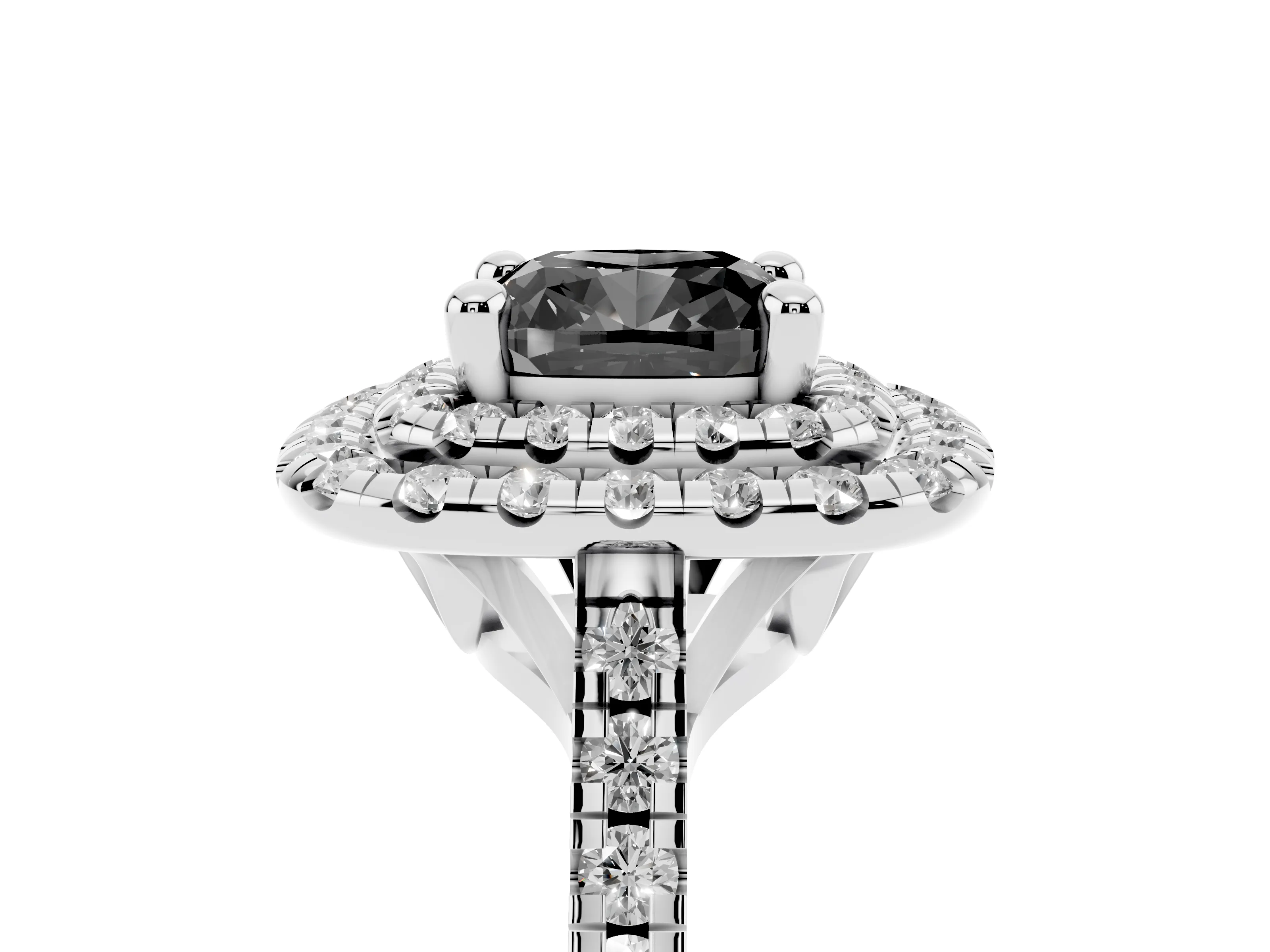 Fancy Black Cushion Cut Diamond Double Halo Statement Ring Set in White gold with Pavé Band