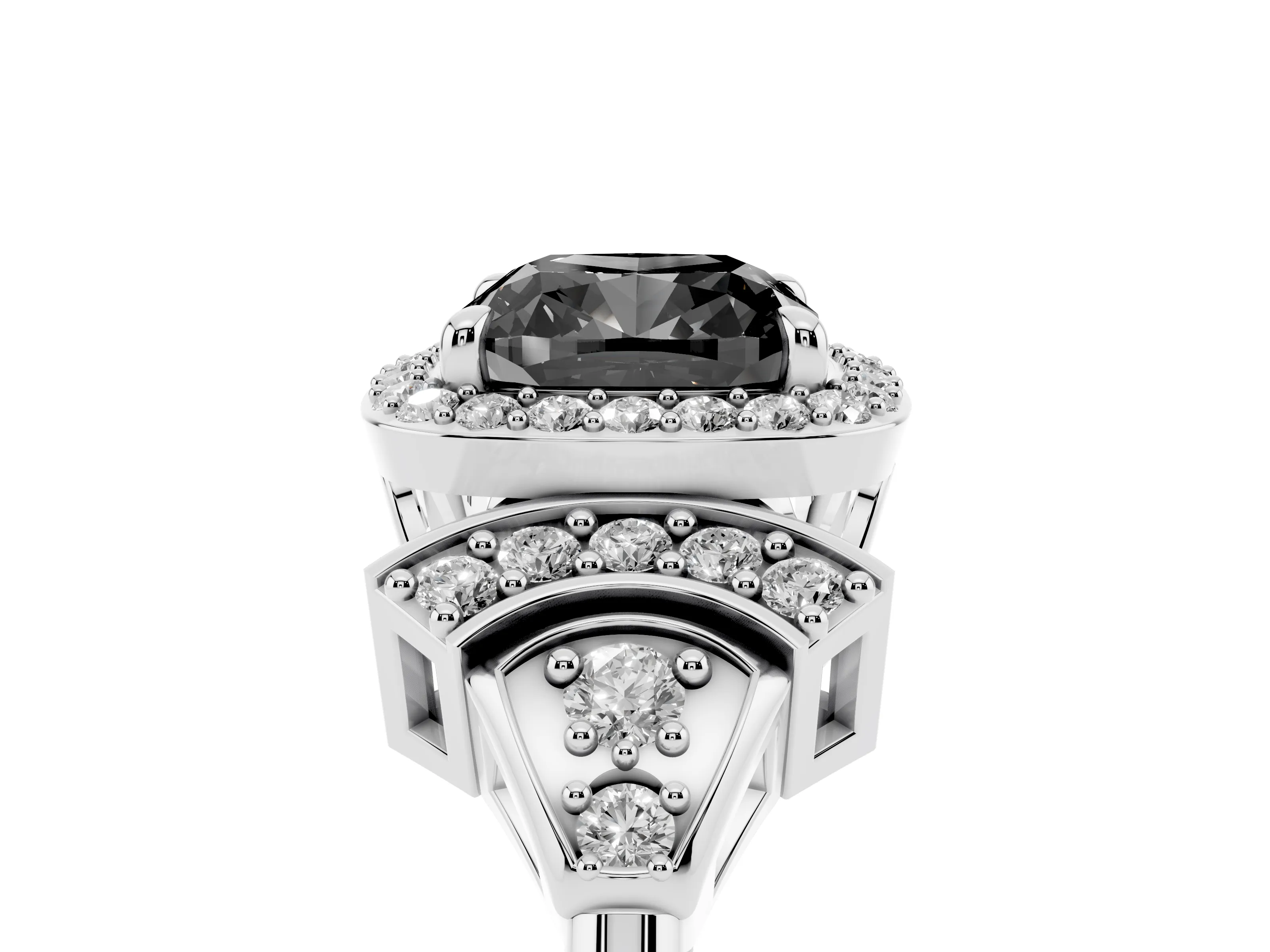 Fancy Black Cushion Cut Diamond Halo Engagement Ring Set in White gold with Accent Stone Split Shank