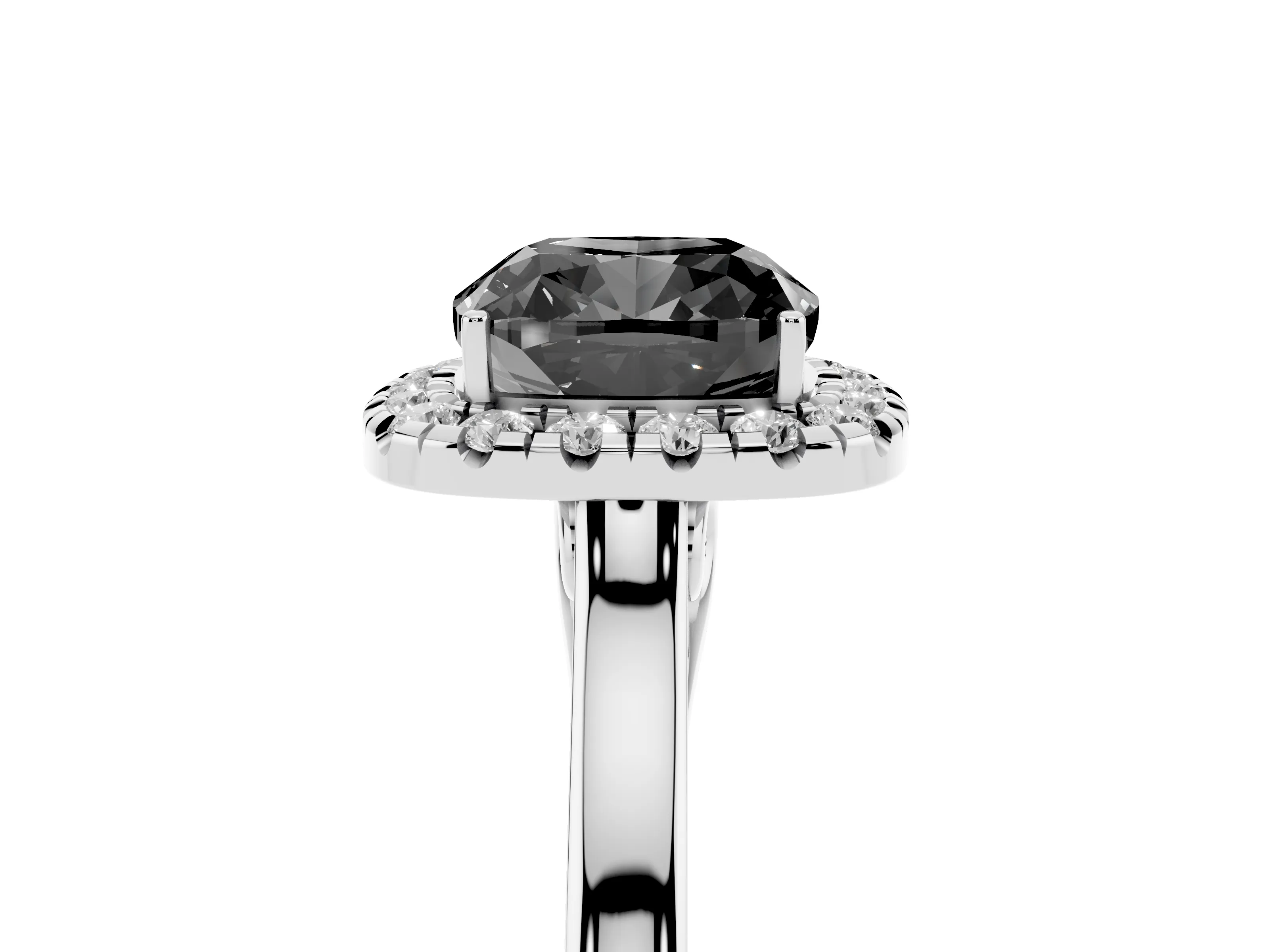 Fancy Black Cushion Cut Halo Round Diamond Solitaire Ring Set in Platinum with Pavé Band and Prong Setting