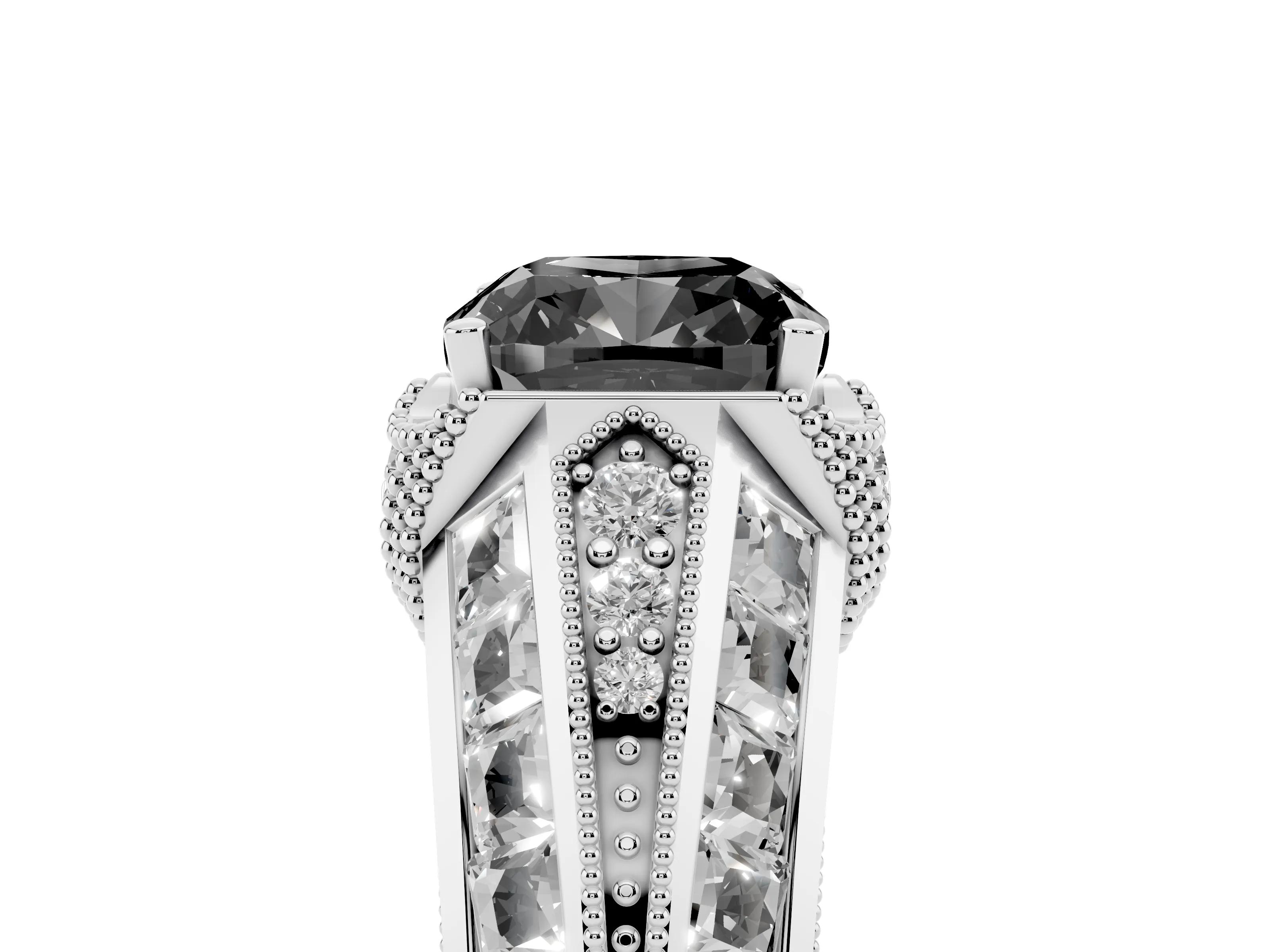 Fancy Black Cushion Cut Diamond Vintage-Inspired Milgrain Ring Set in Silver with Accent Split Shank