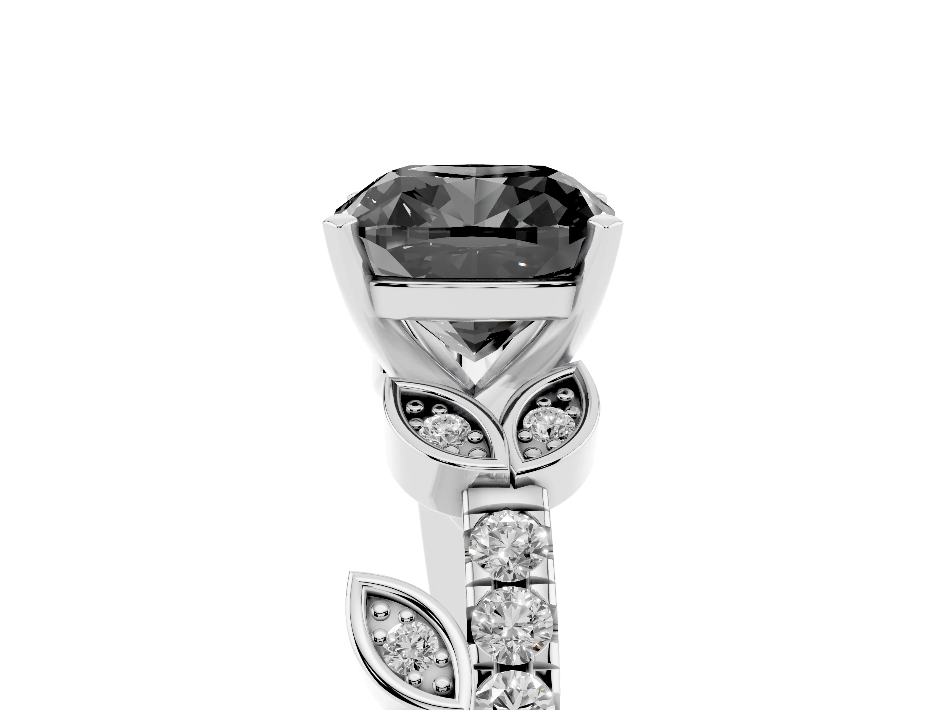 Fancy Black Cushion Cut Diamond Solitaire Leaf-Inspired Ring Set in Platinum with Pavé Band and Prong Setting