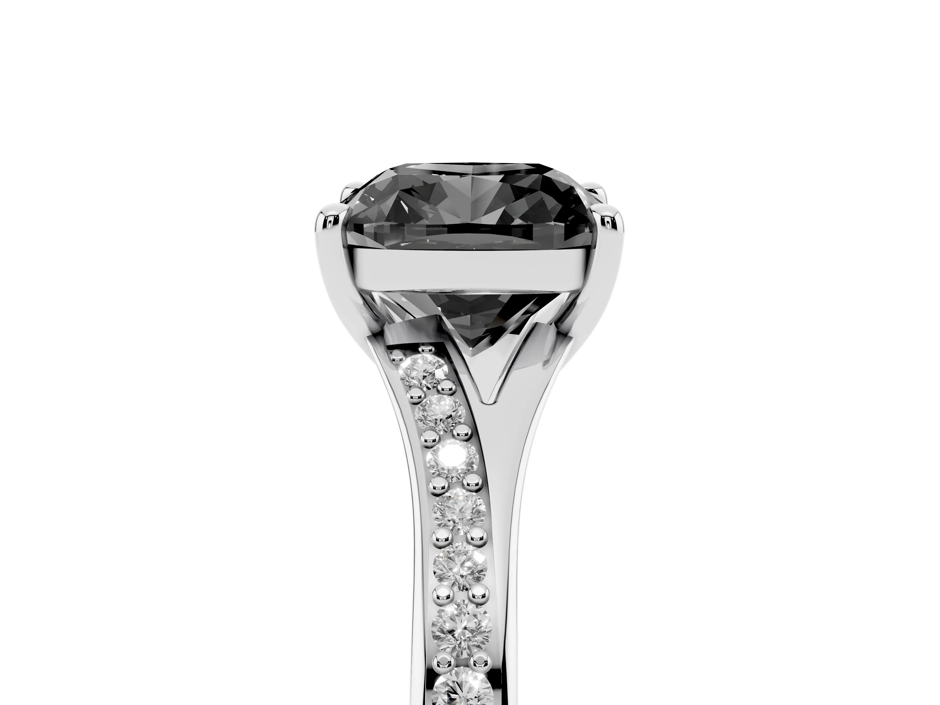 Fancy Black Cushion Cut Diamond Solitaire Ring Set in Platinum with Pavé Accent Band and Classic Prong Setting