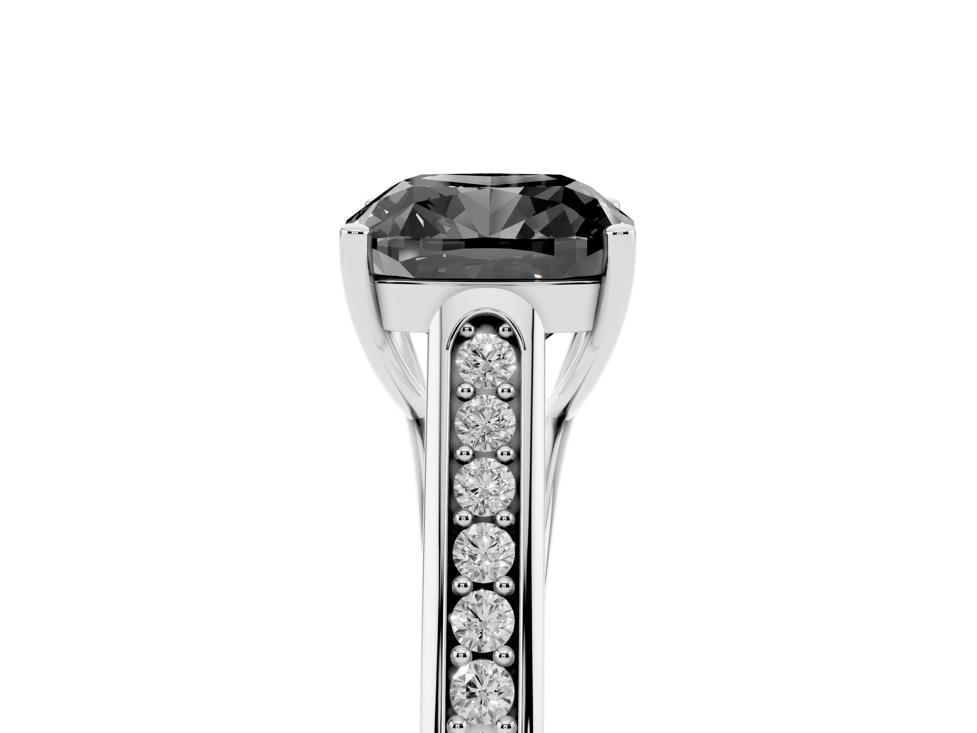 Fancy Black Cushion Cut Diamond Solitaire Cathedral Engagement Ring Set in White gold with Channel-Set Band and Prong Setting
