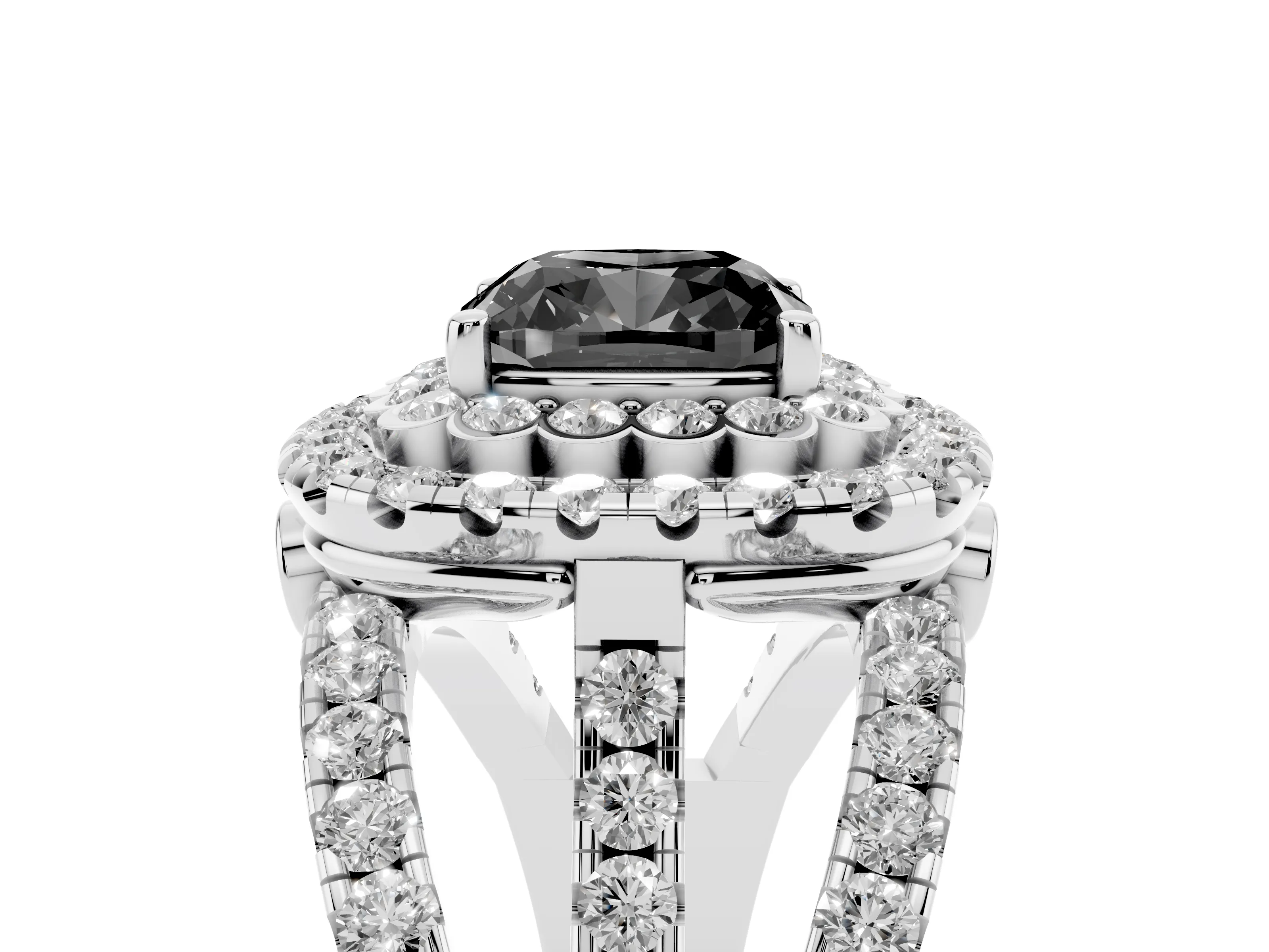 Fancy Black Cushion Cut Diamond Double Halo Ring Set in White gold with Round Pavé Split Shank
