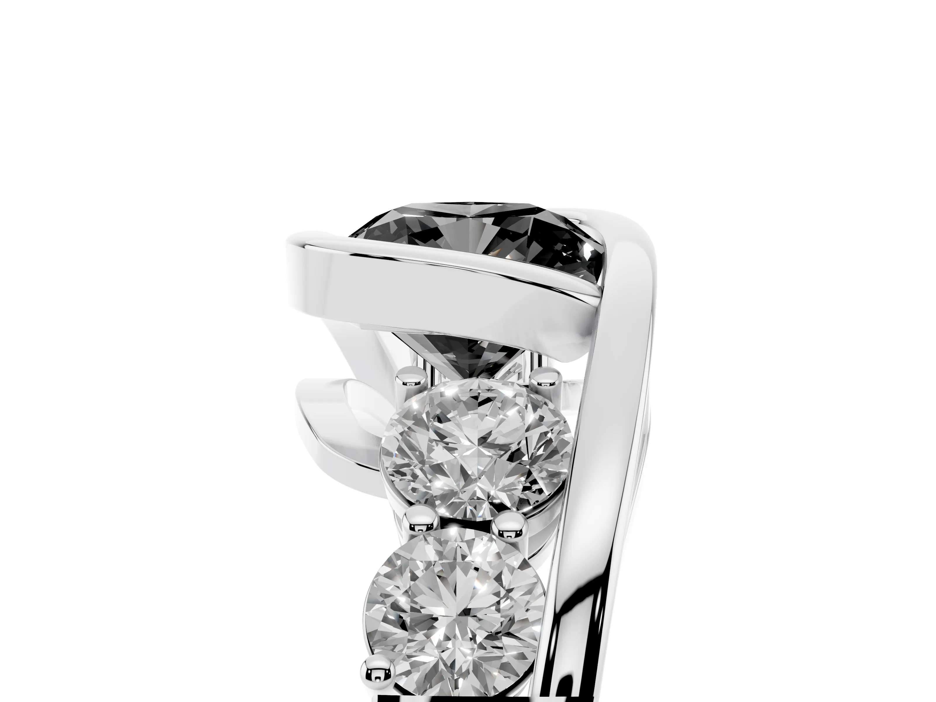 Fancy Black Cushion Cut Diamond Bezel Bypass Ring Set in Platinum with Round Accents