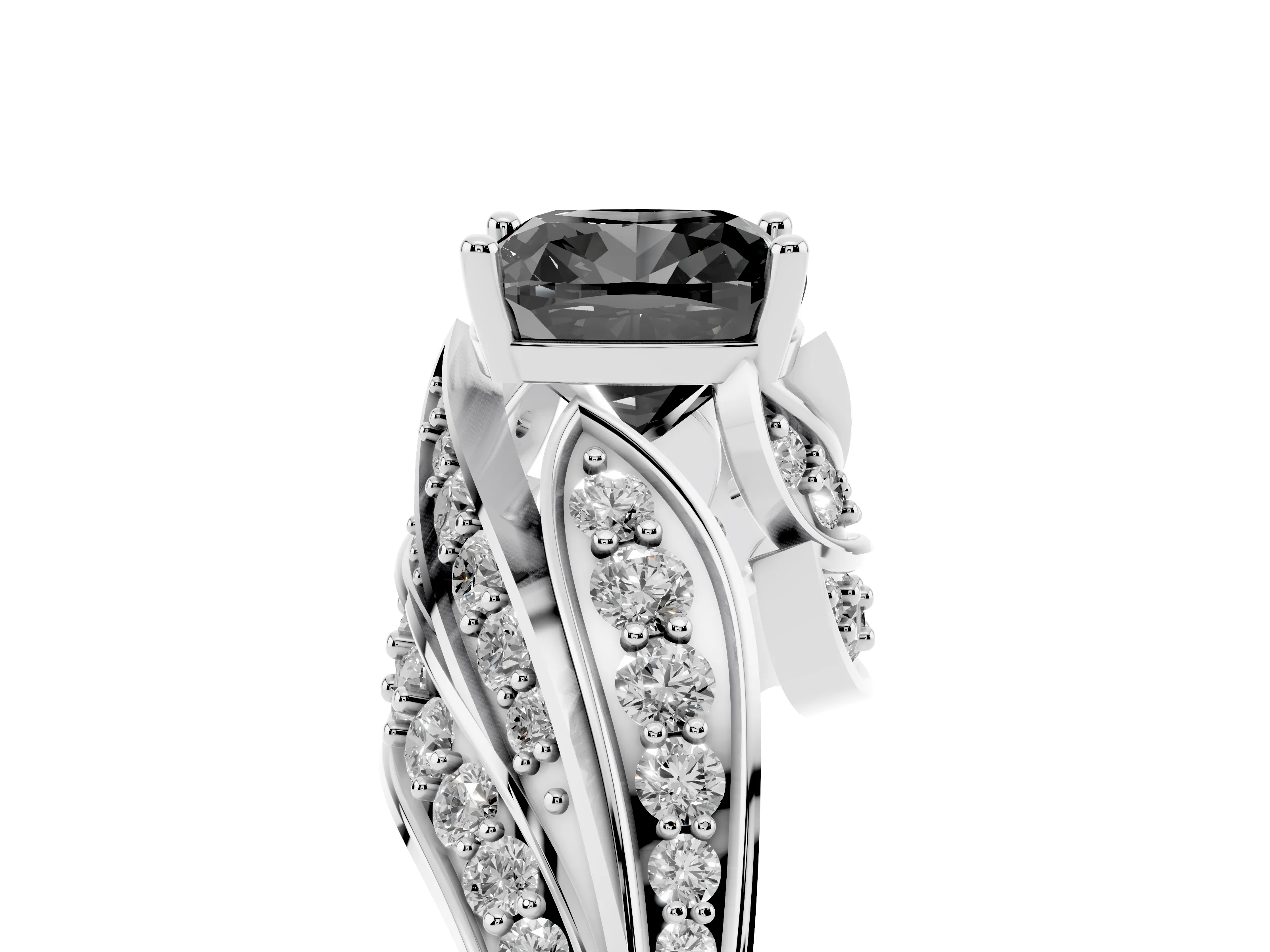 Fancy Black Cushion Cut Diamond Solitaire Ring Set in Platinum with Layered Twist Pavé Band