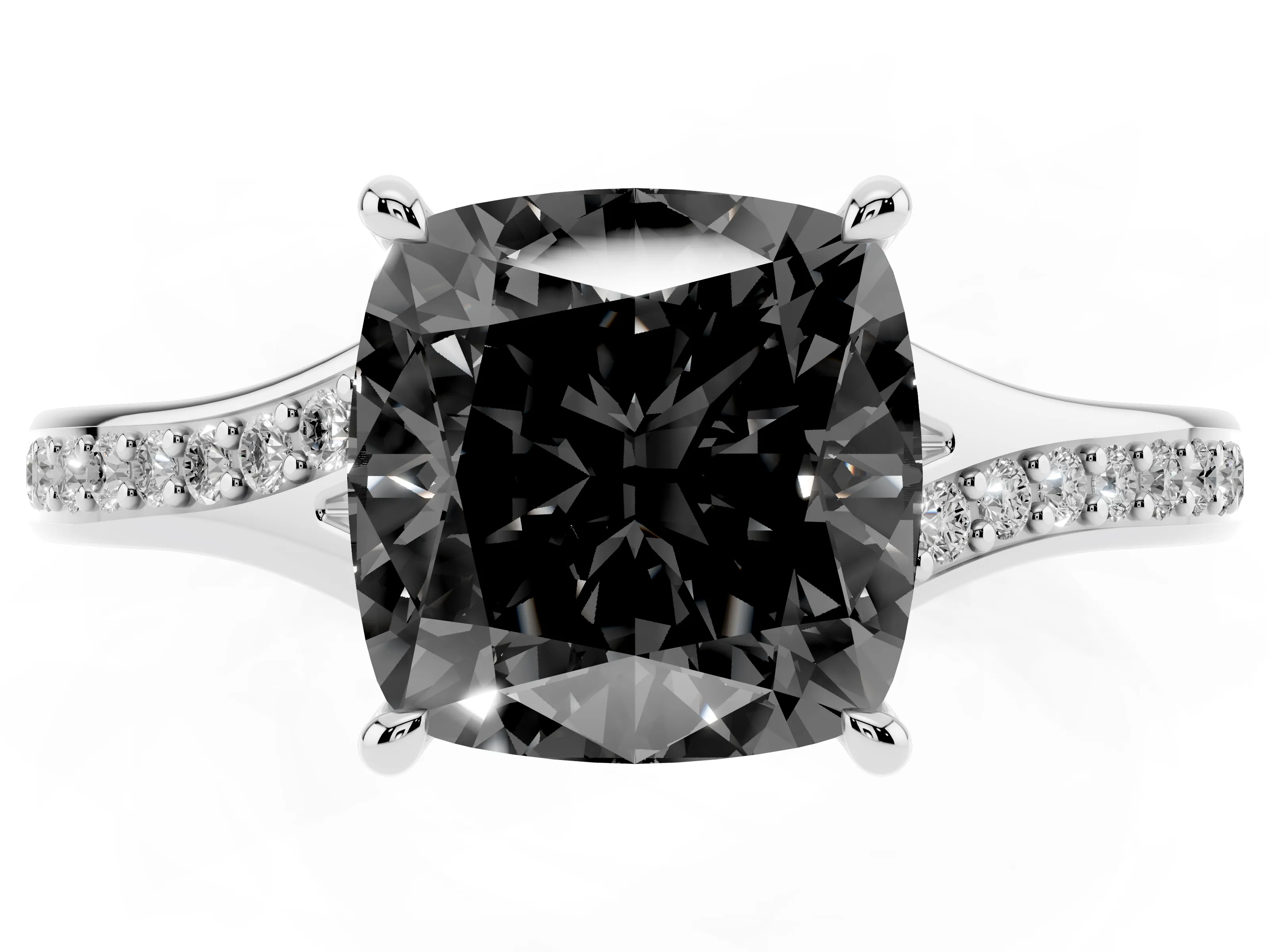 Fancy Black Cushion Cut Diamond Solitaire Ring Set in Platinum with Pavé Accent Band and Classic Prong Setting