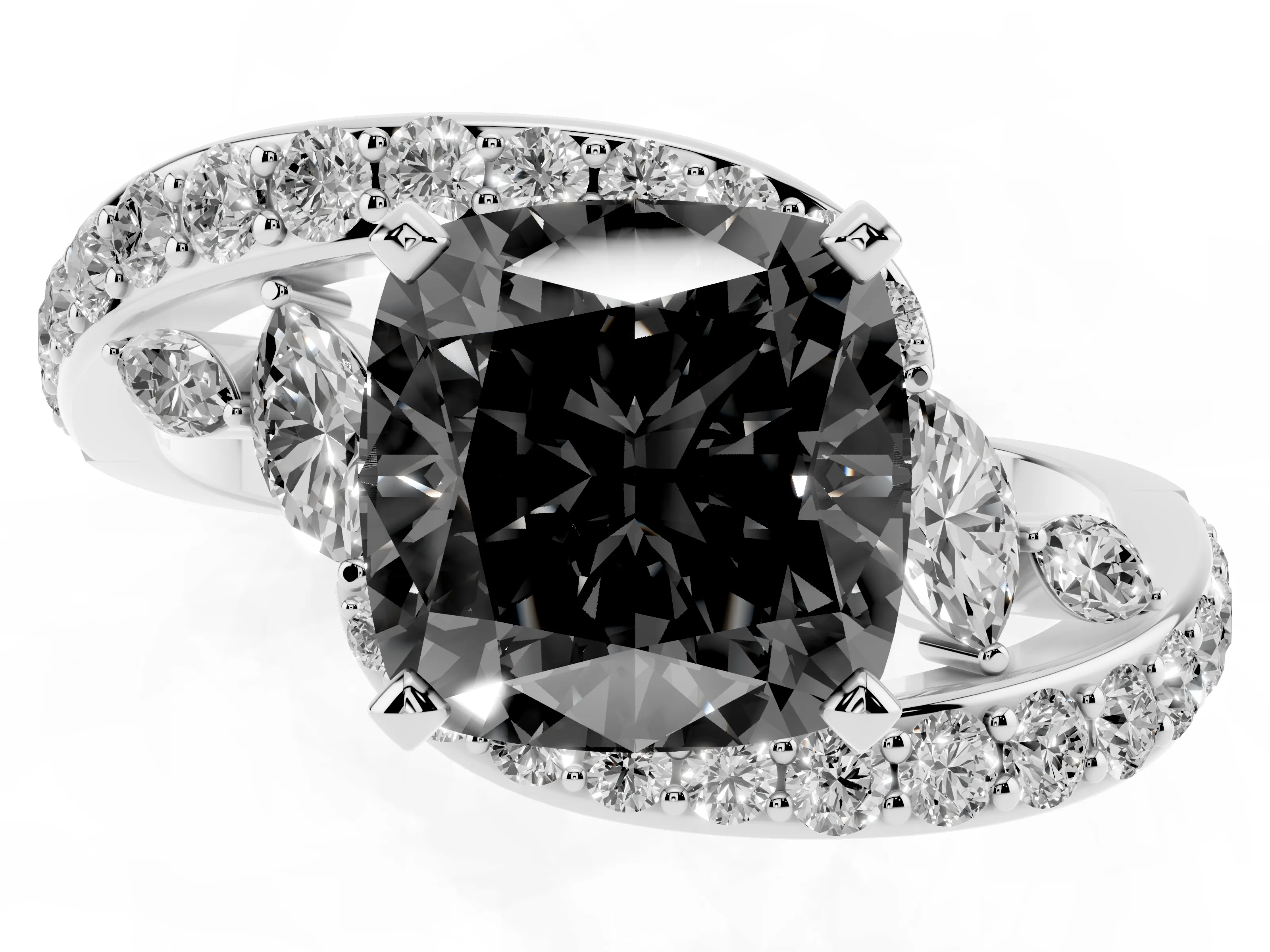 Fancy Black Cushion Cut Diamond Solitaire Ring Set in Silver with Filigree Band and Prong Setting