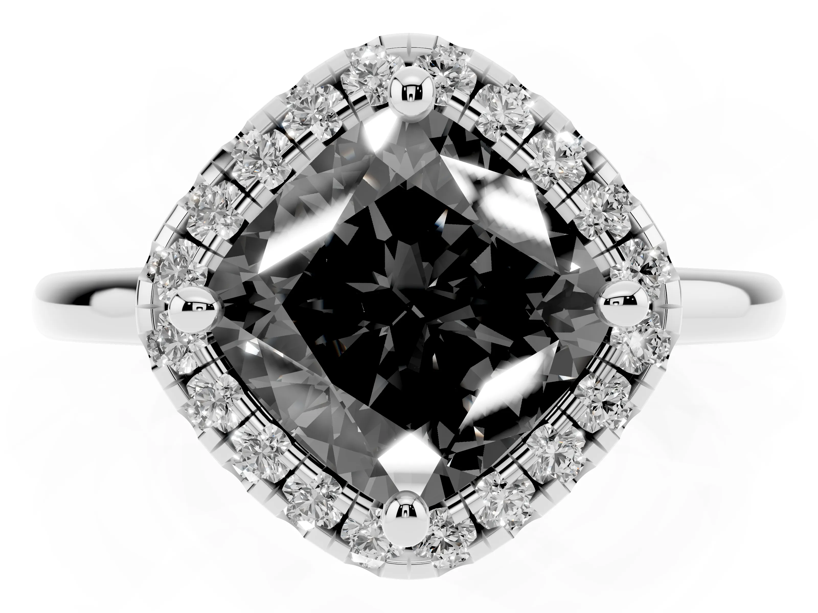 Fancy Black Cushion Cut Diamond Halo Engagement Ring Set in White gold with Pavé Band and Rising Shoulders