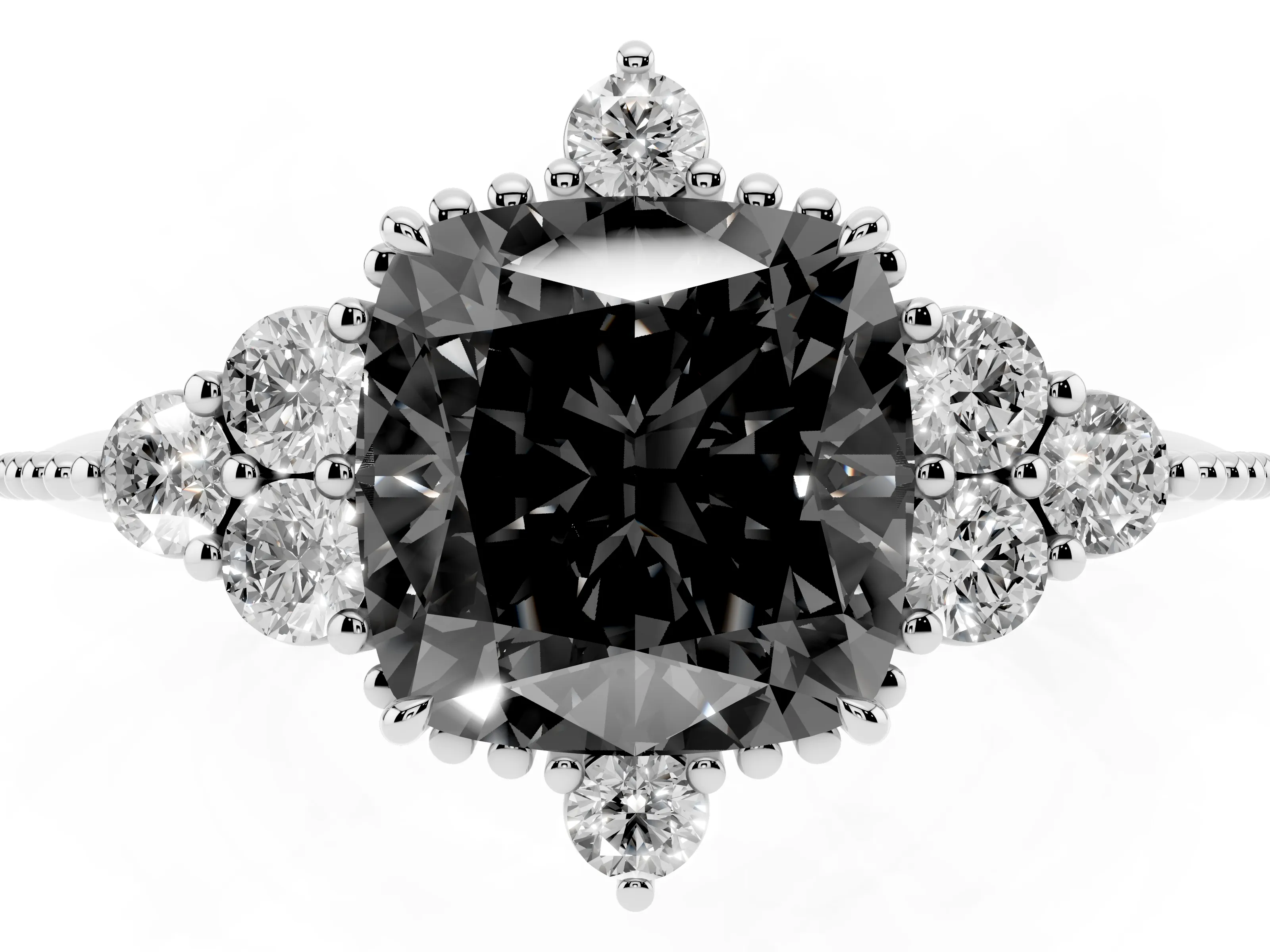 Fancy Black Cushion Cut Diamond Cluster Ring Set in White gold with Beaded Band