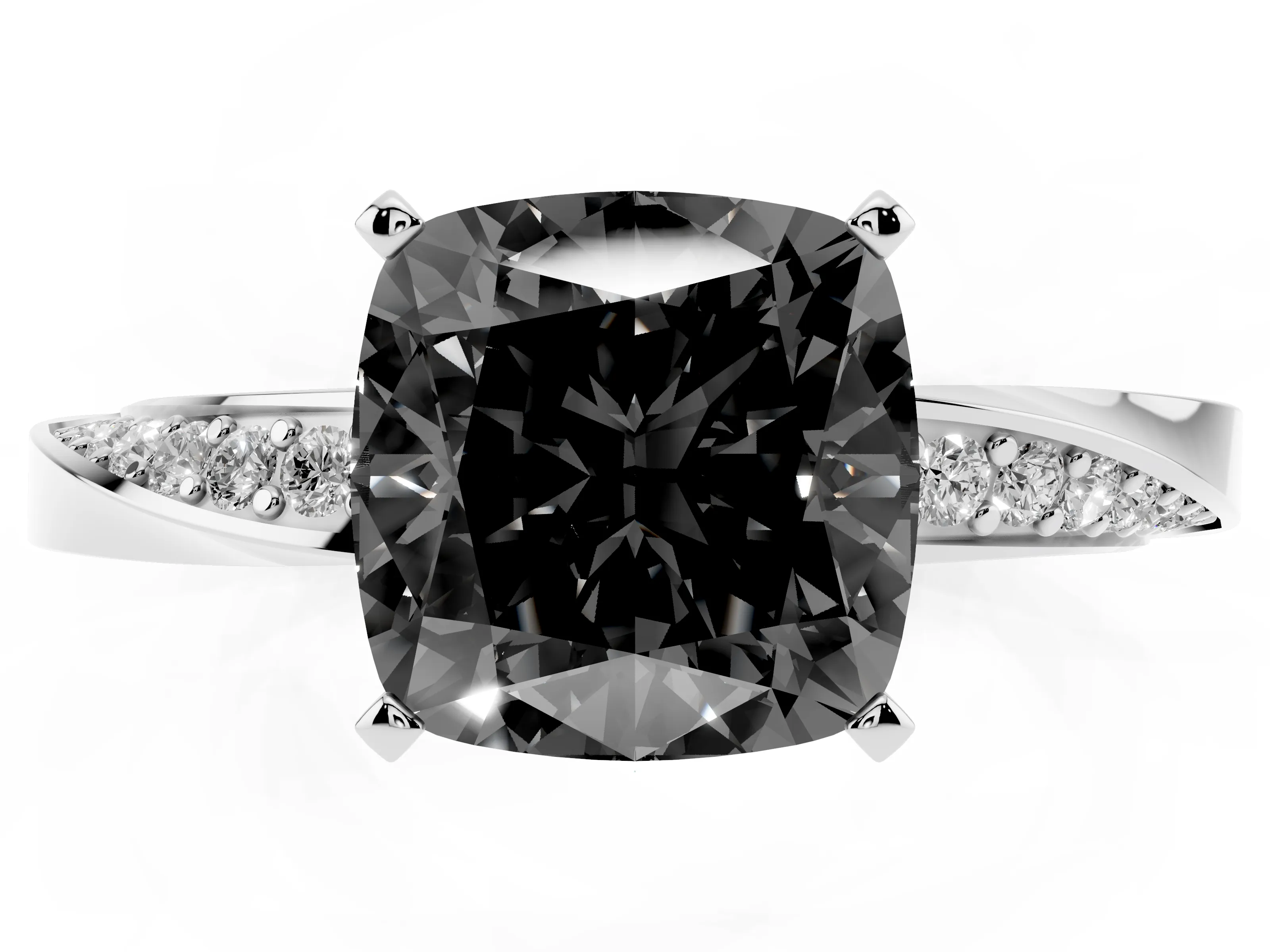 Fancy Black Cushion Cut Diamond Engagement Ring Set in Silver with Side Stone Accents and Prong Setting