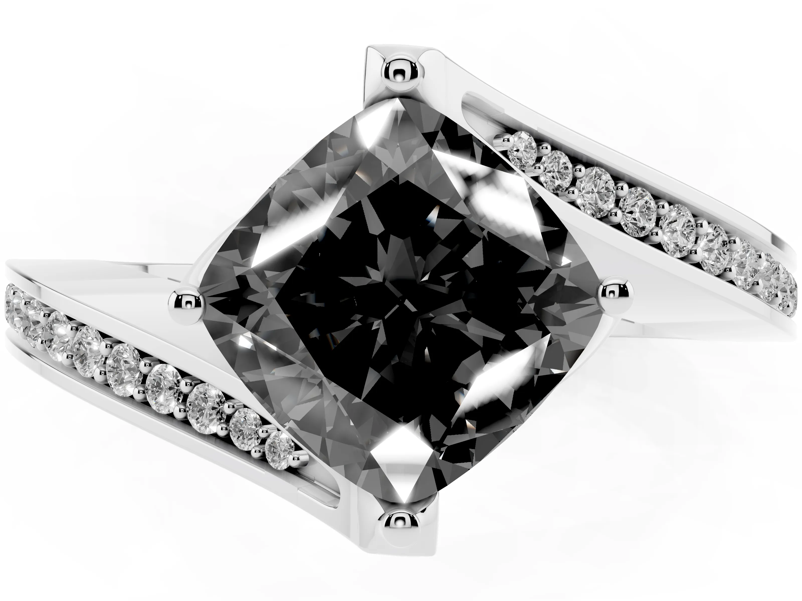 Fancy Black Cushion Cut Diamond Solitaire Ring Set in Platinum with Intertwined Pavé Twist Band