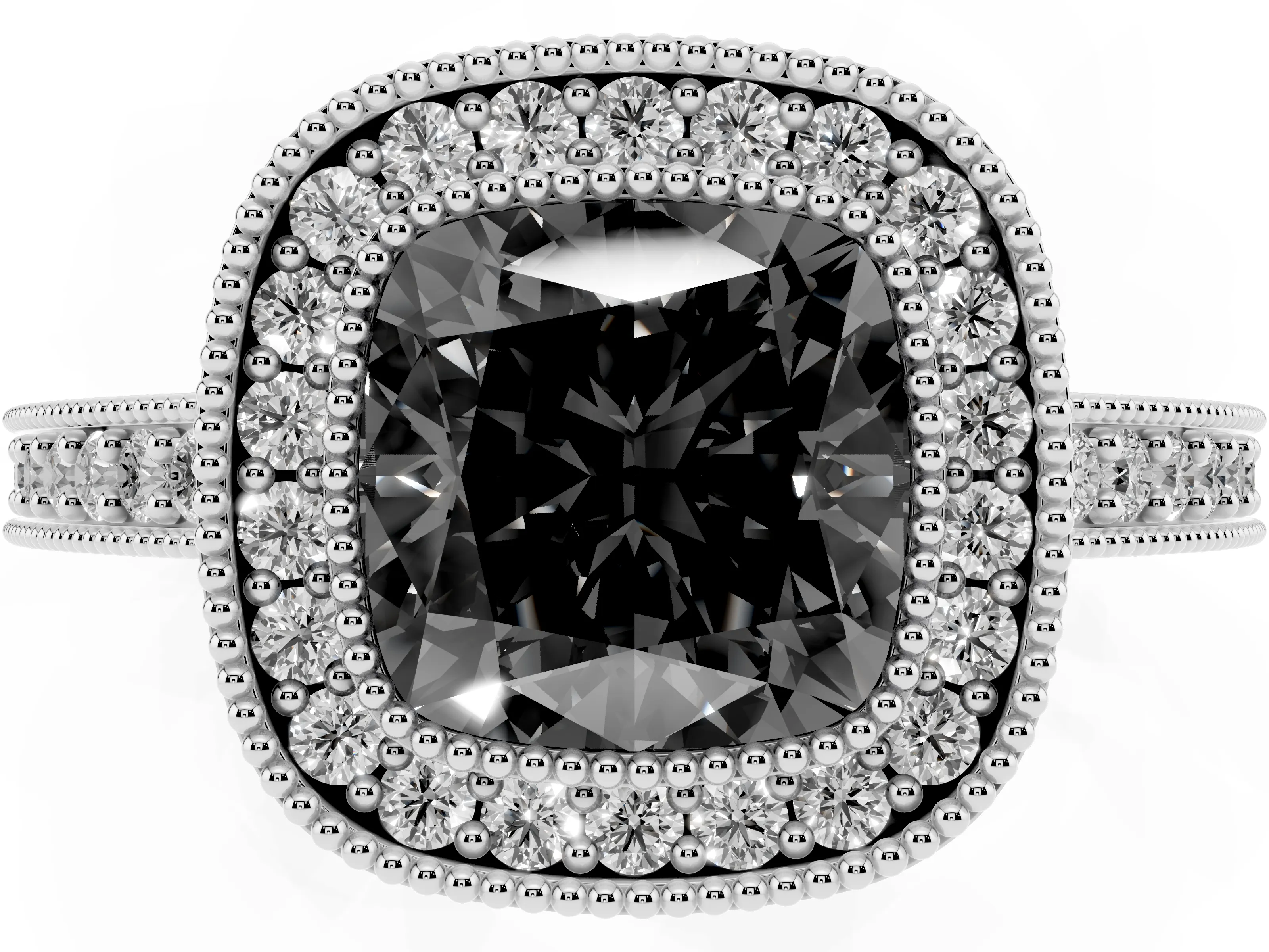 Fancy Black Cushion Cut Diamond Halo Engagement Ring Set in Platinum with Pavé Band and Round Halo Stones