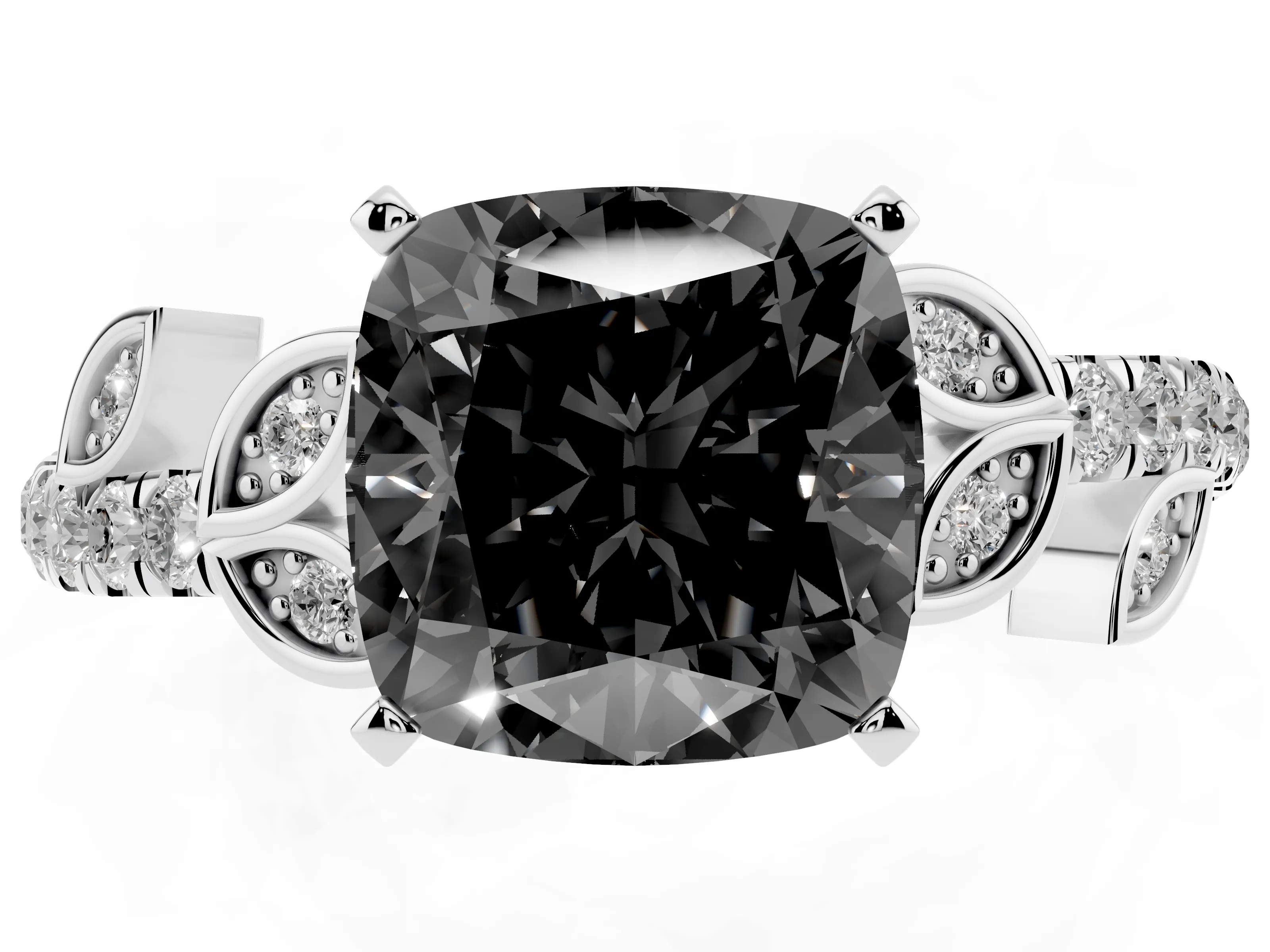 Fancy Black Cushion Cut Diamond Solitaire Leaf-Inspired Ring Set in Platinum with Pavé Band and Prong Setting