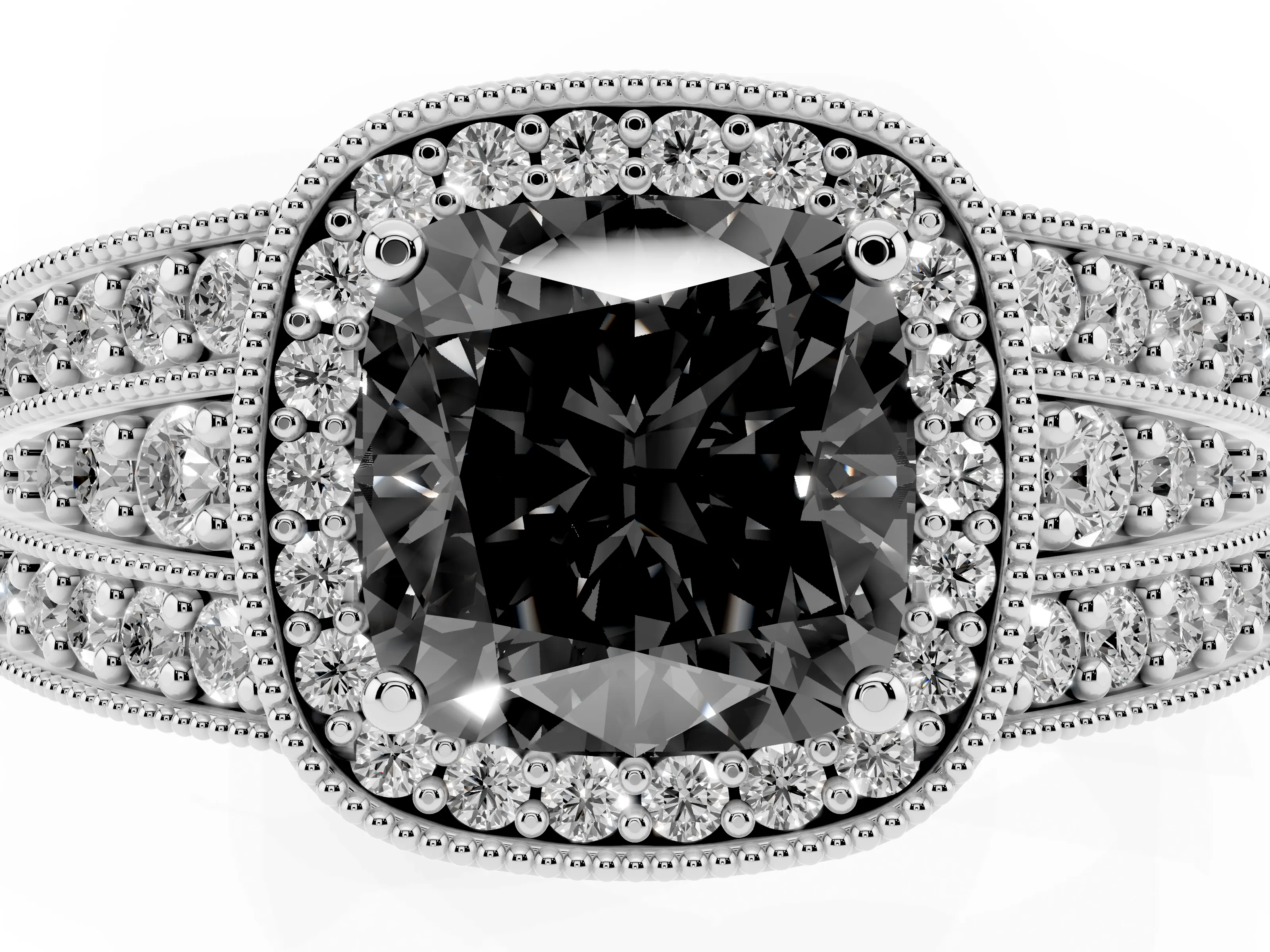 Fancy Black Cushion Cut Diamond Halo Ring Set in Silver with Accent Split Shank and Prong Setting