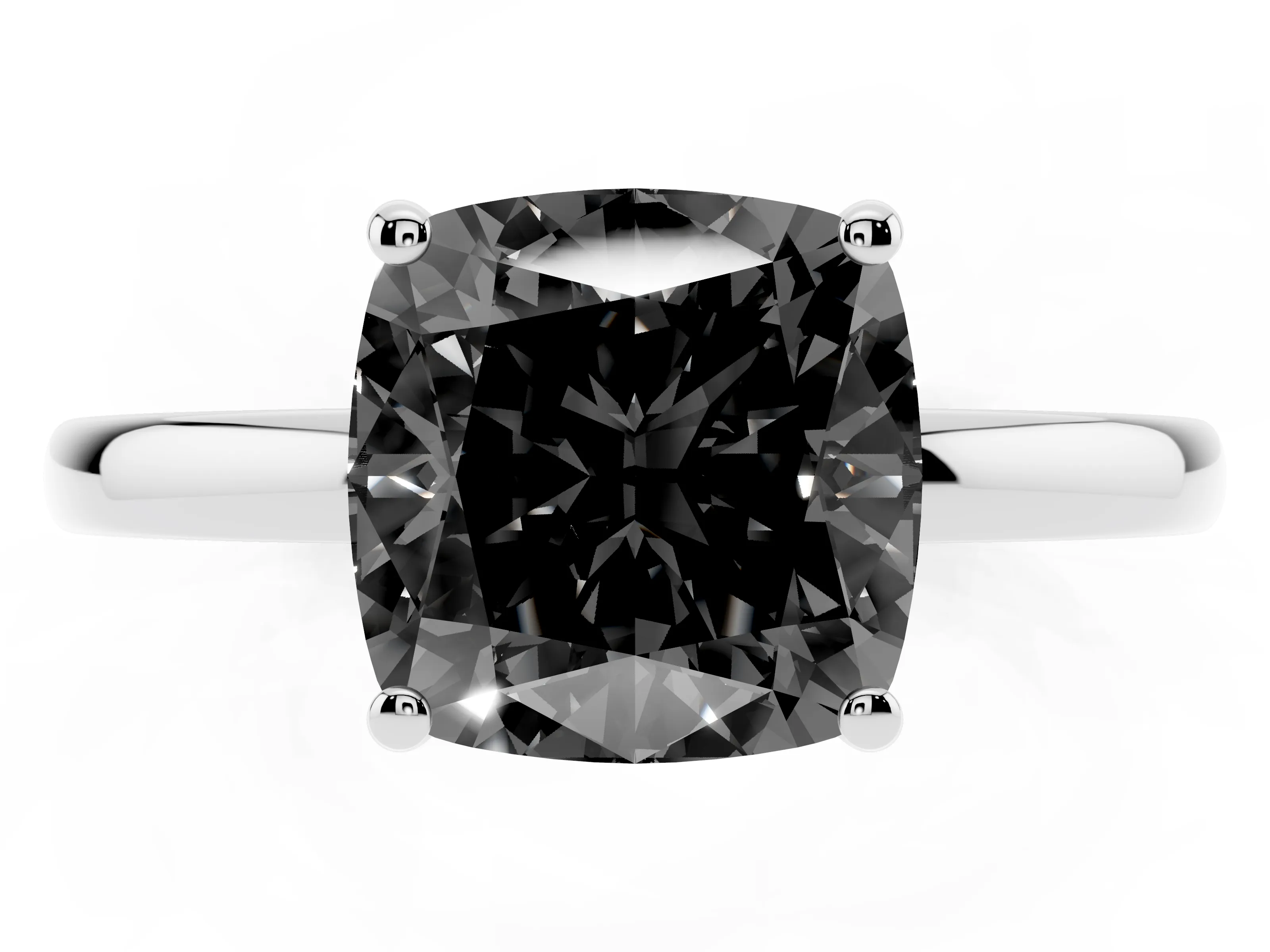 Fancy Black Cushion Cut Diamond Solitaire Ring Set in Platinum with Plain Band and Prong Setting