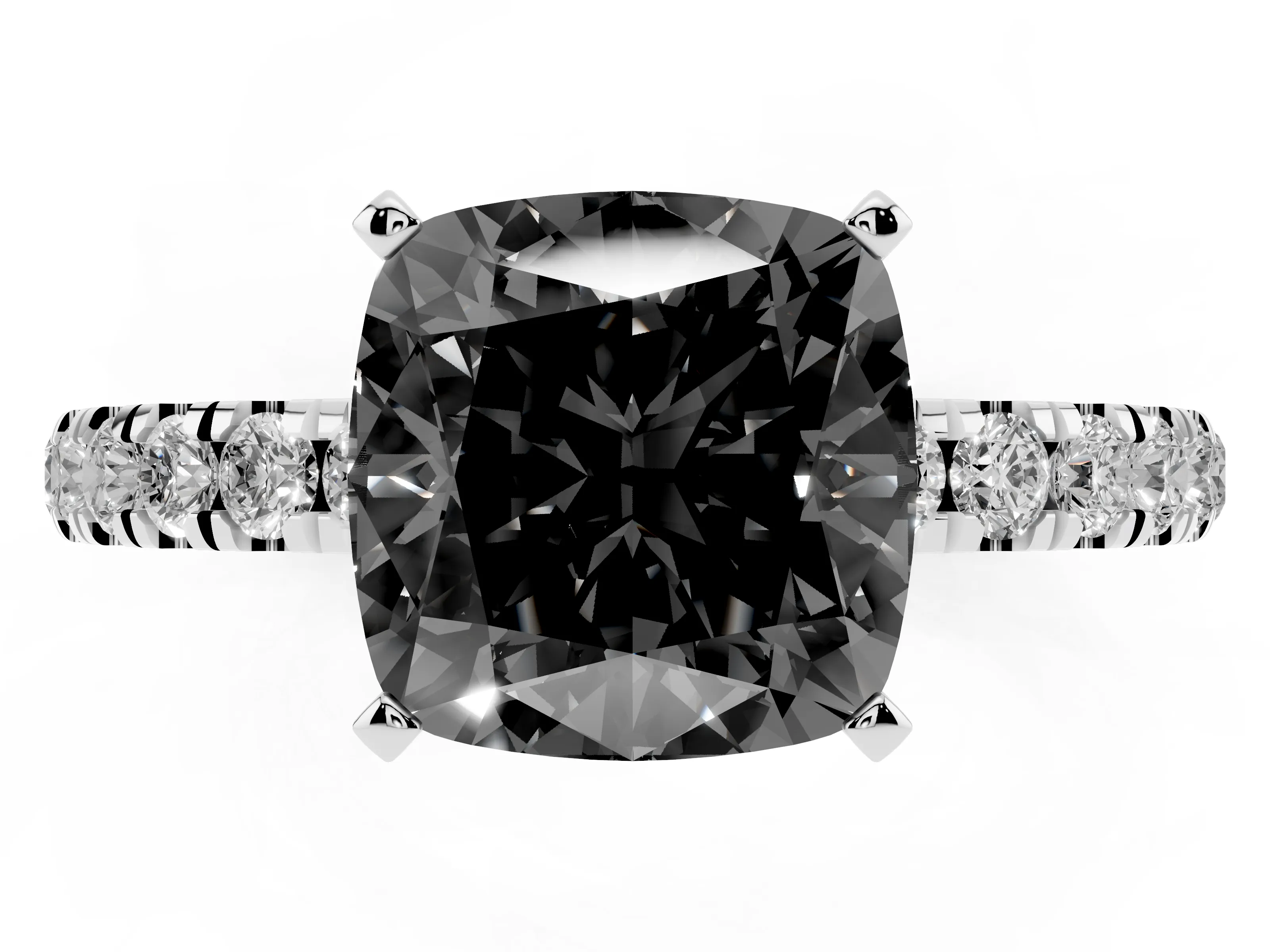 Fancy Black Cushion Cut Diamond Solitaire Ring Set in Silver with Pavé Accents and Prong Setting