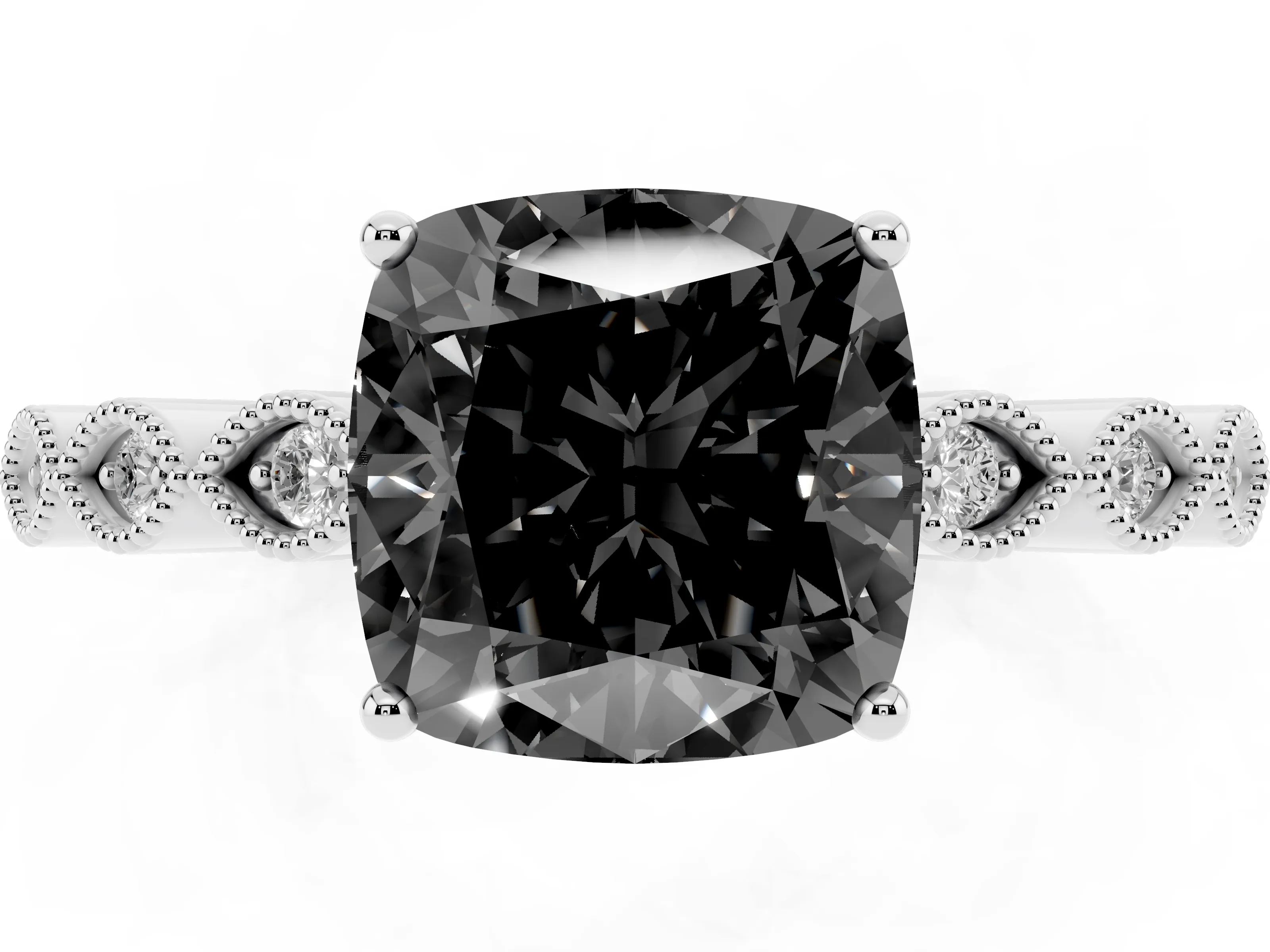 Fancy Black Cushion Cut Diamond Solitaire Ring Set in Platinum with Infinity Twist Pavé Band