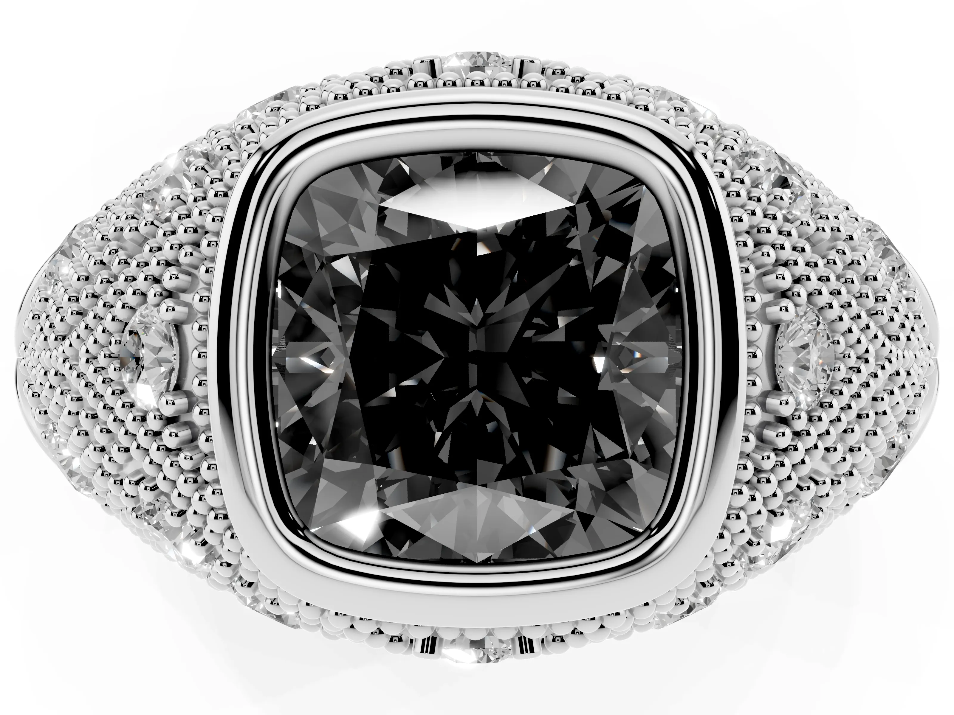 Fancy Black Cushion Cut Diamond Bezel Ring Set in Silver with Milgrain Accent Band