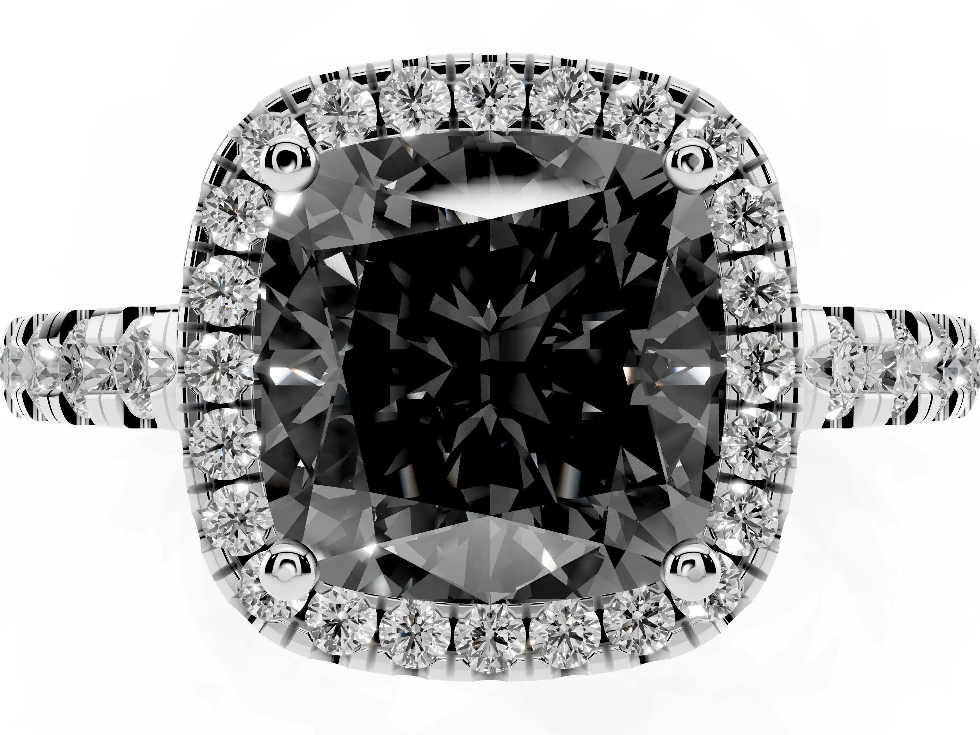 Fancy Black Cushion Cut Diamond Halo Ring Set in Silver with Delicate Pavé Band and Prong Setting