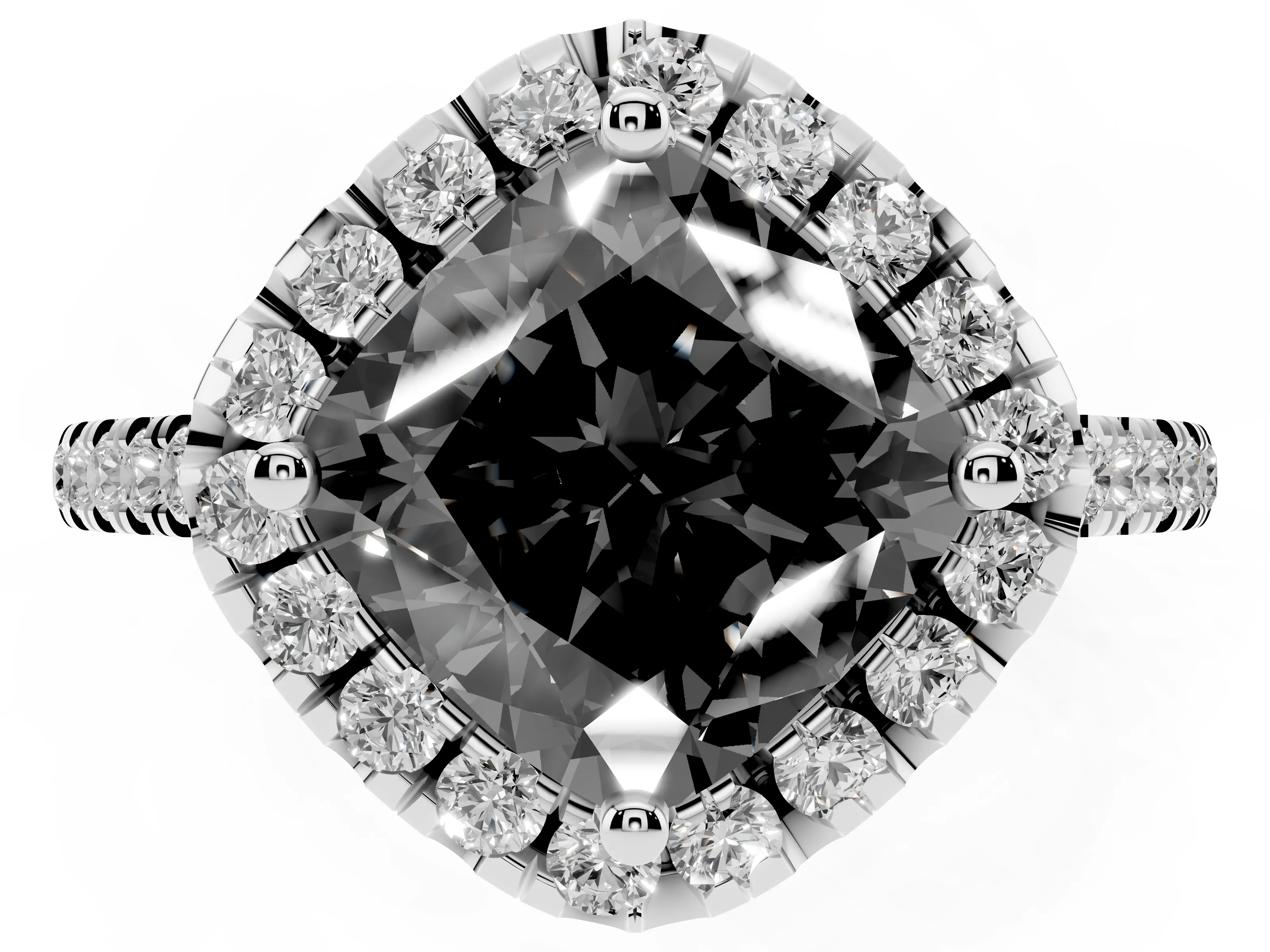 Fancy Black Cushion Cut Diamond Cushion Halo Ring Set in Platinum with Pavé Band