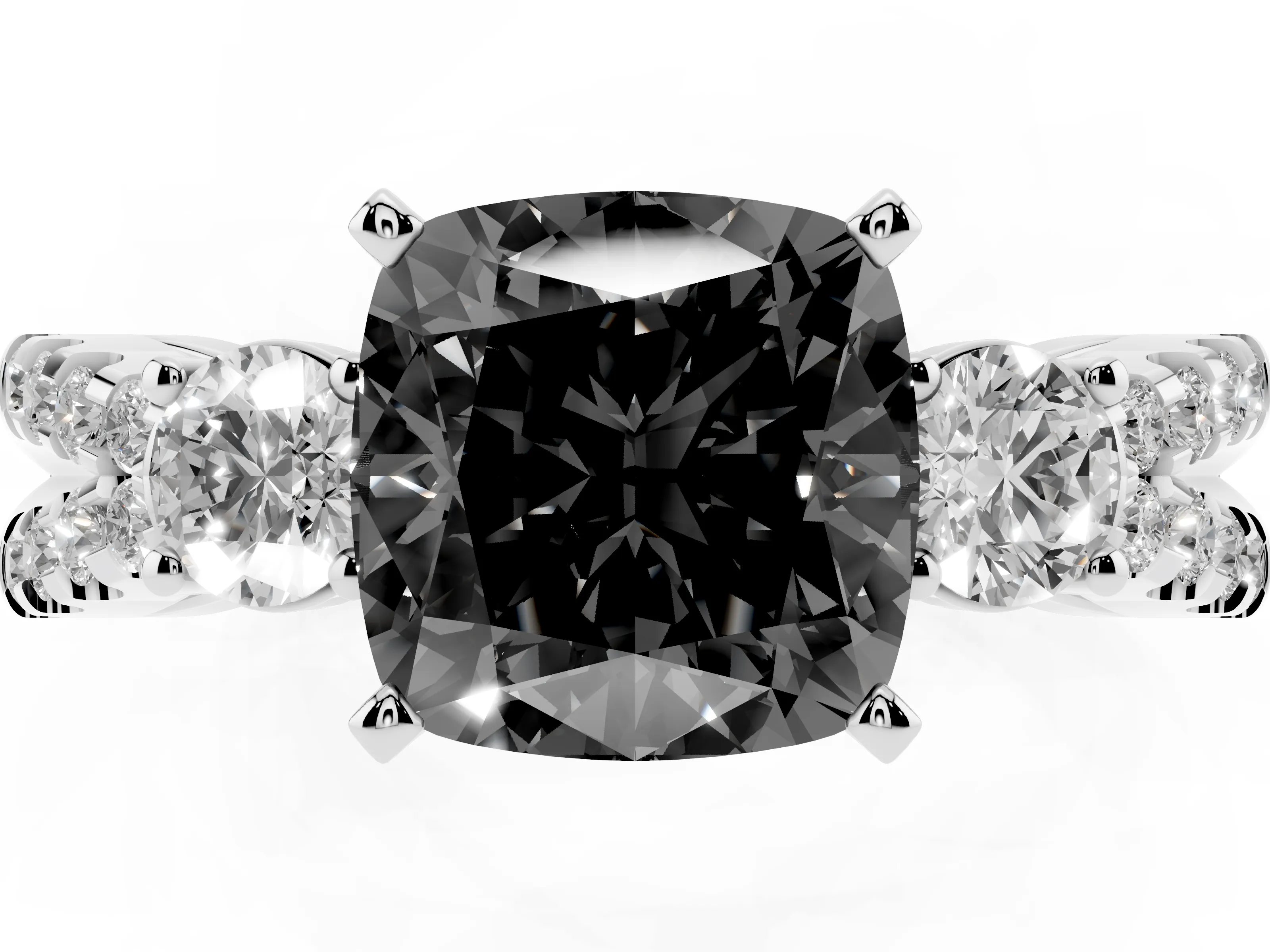 Fancy Black Cushion Cut Diamond Three-Stone Ring Set in Silver with Pavé Split Shank and Prong Setting