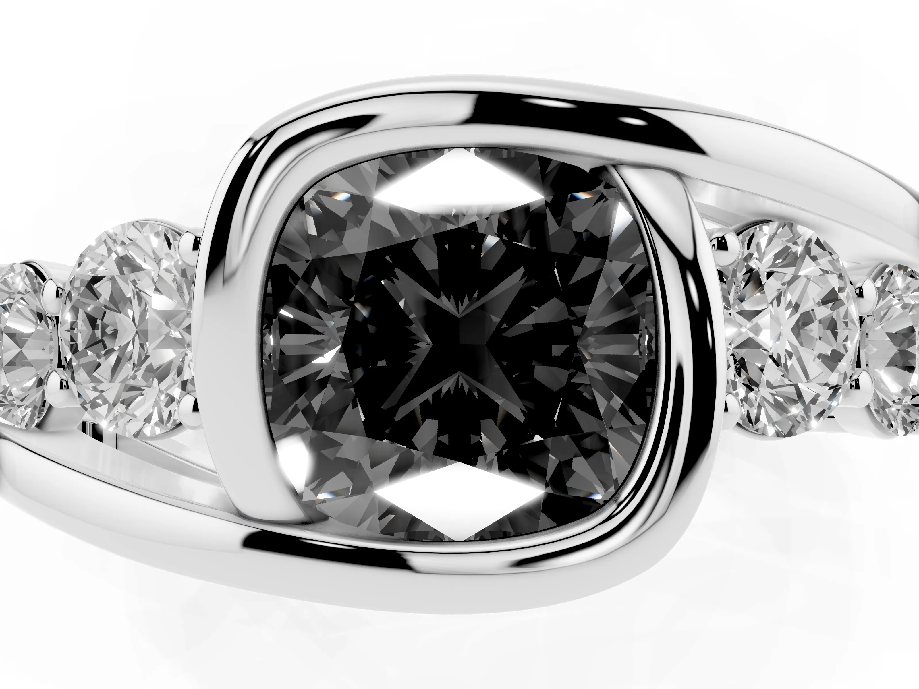 Fancy Black Cushion Cut Diamond Bezel Bypass Ring Set in Platinum with Round Accents