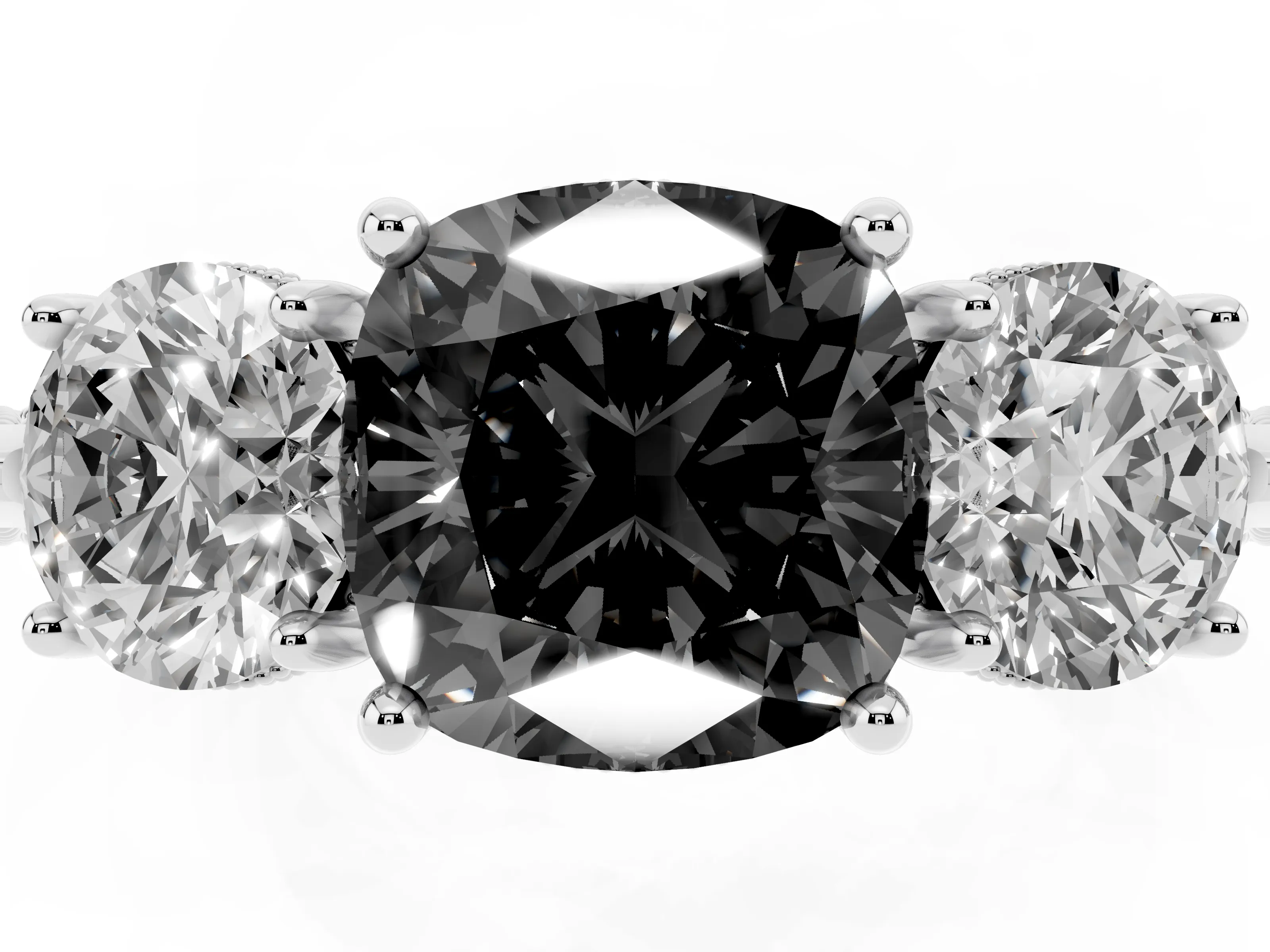 Fancy Black Cushion Cut Diamond Three-Stone Ring Set in White gold with Milgrain Band