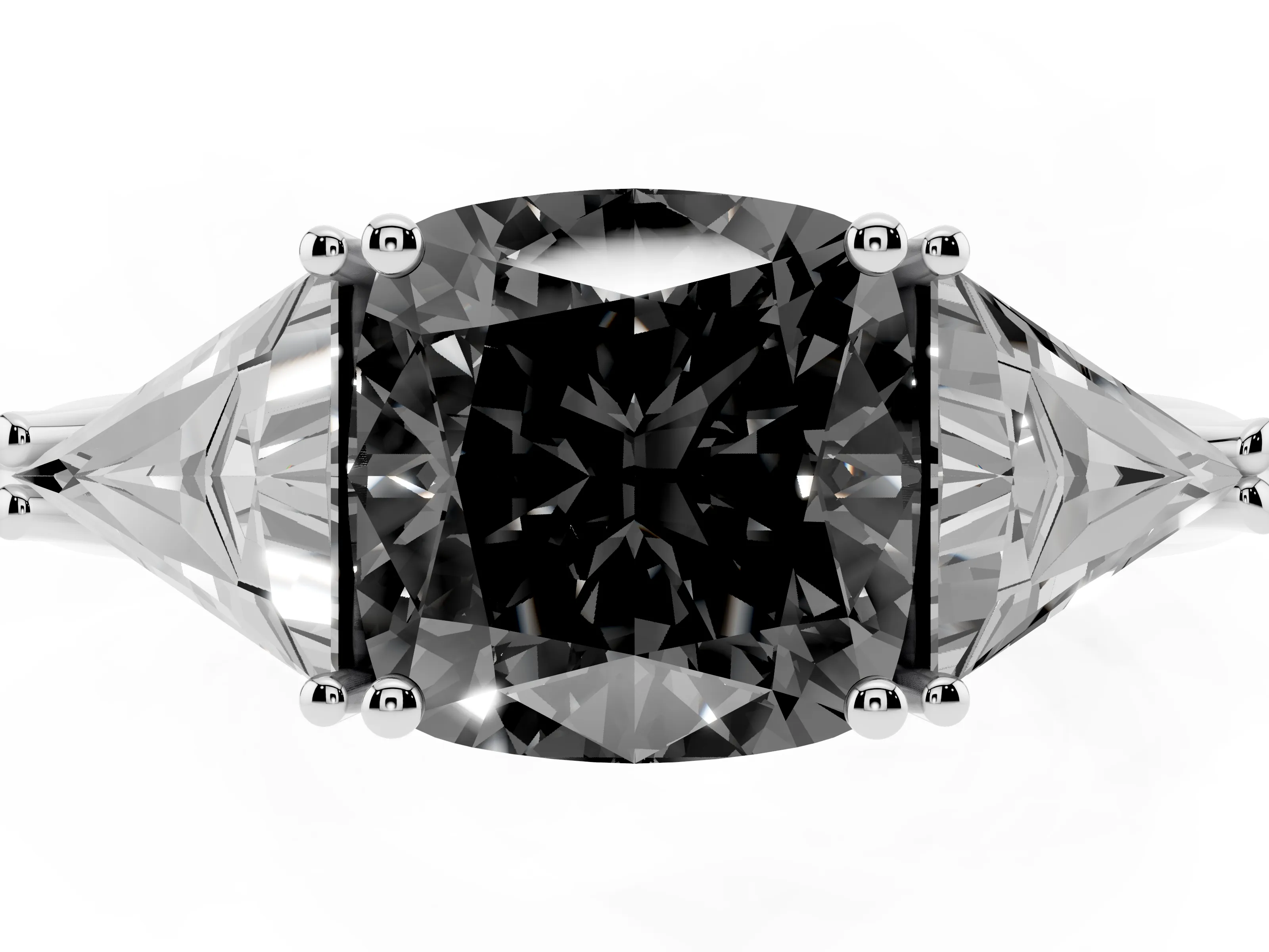 Fancy Black Cushion Cut Diamond Three-Stone Engagement Ring Set in White gold with Trillion Side Stones