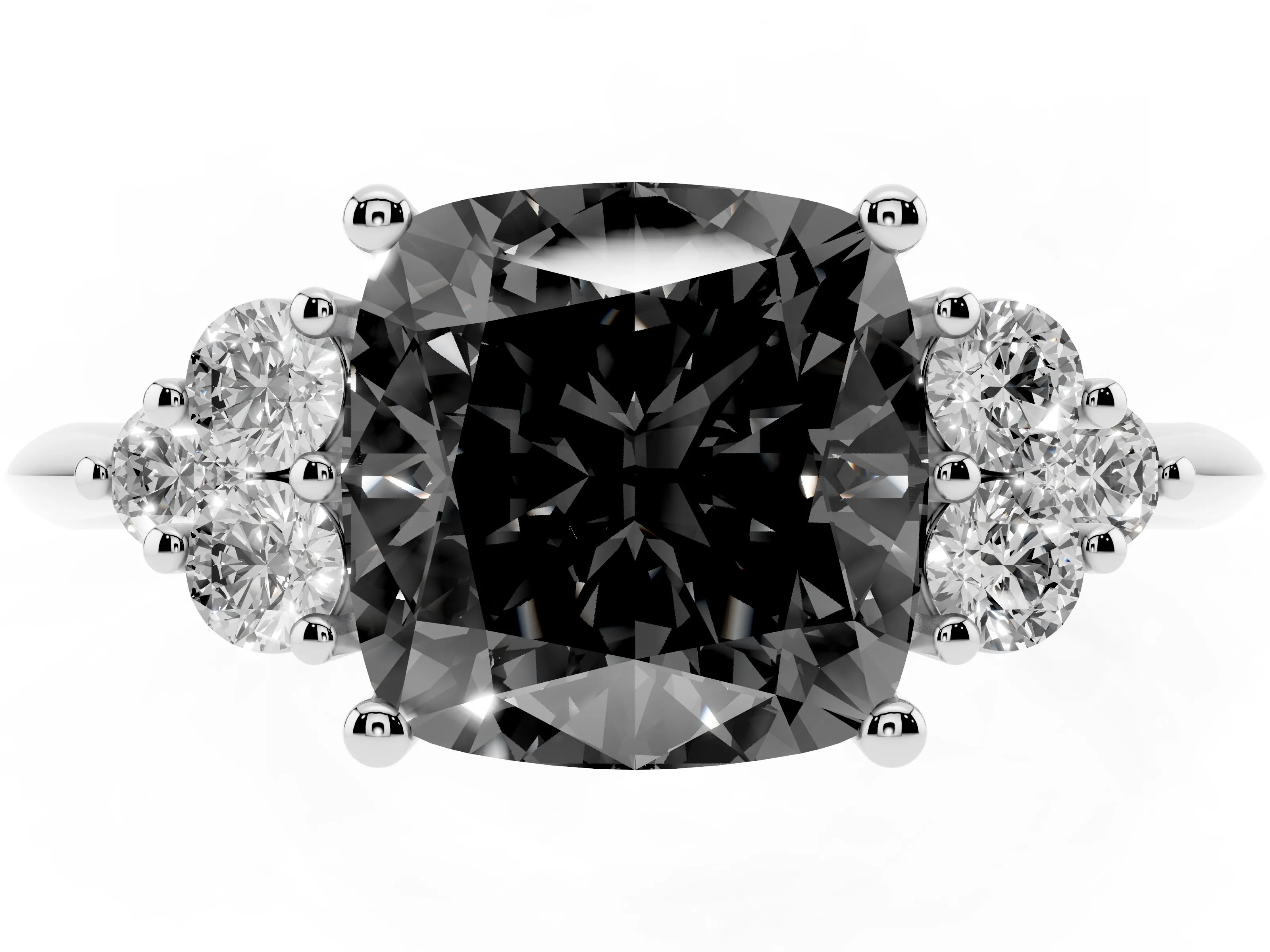 Fancy Black Cushion Cut Diamond Cluster Ring Set in White gold with Plain Band and Prong Setting