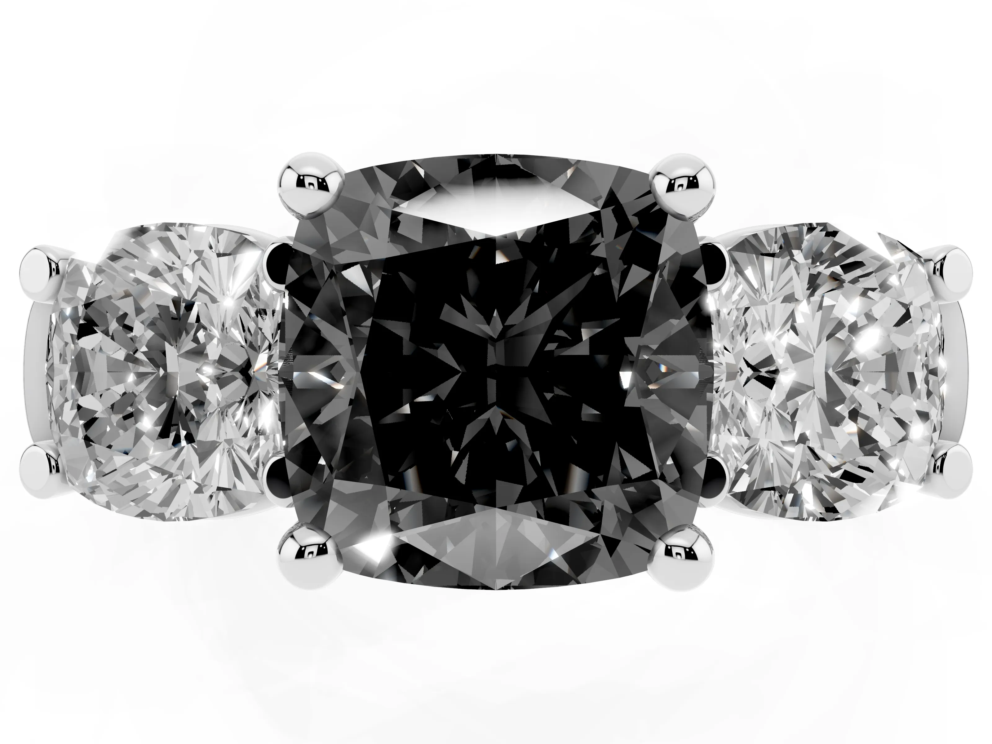 Fancy Black Cushion Cut Diamond Three-Stone Trellis Ring Set in Platinum with Comfort Fit Band