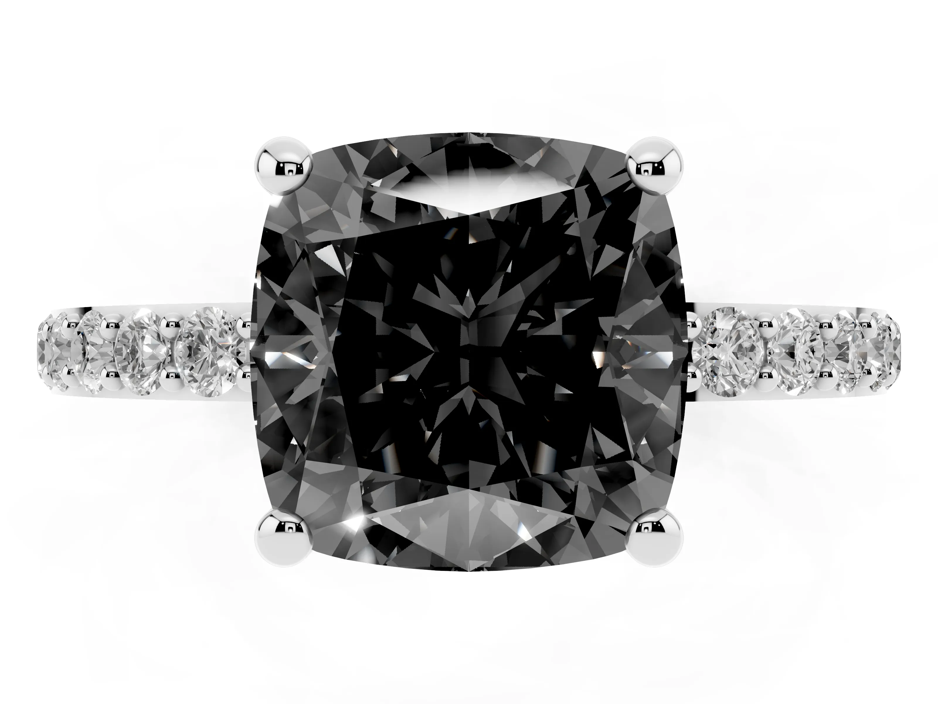Fancy Black Cushion Cut Diamond Solitaire Ring Set in Platinum with Round Pavé Band and Prong Setting