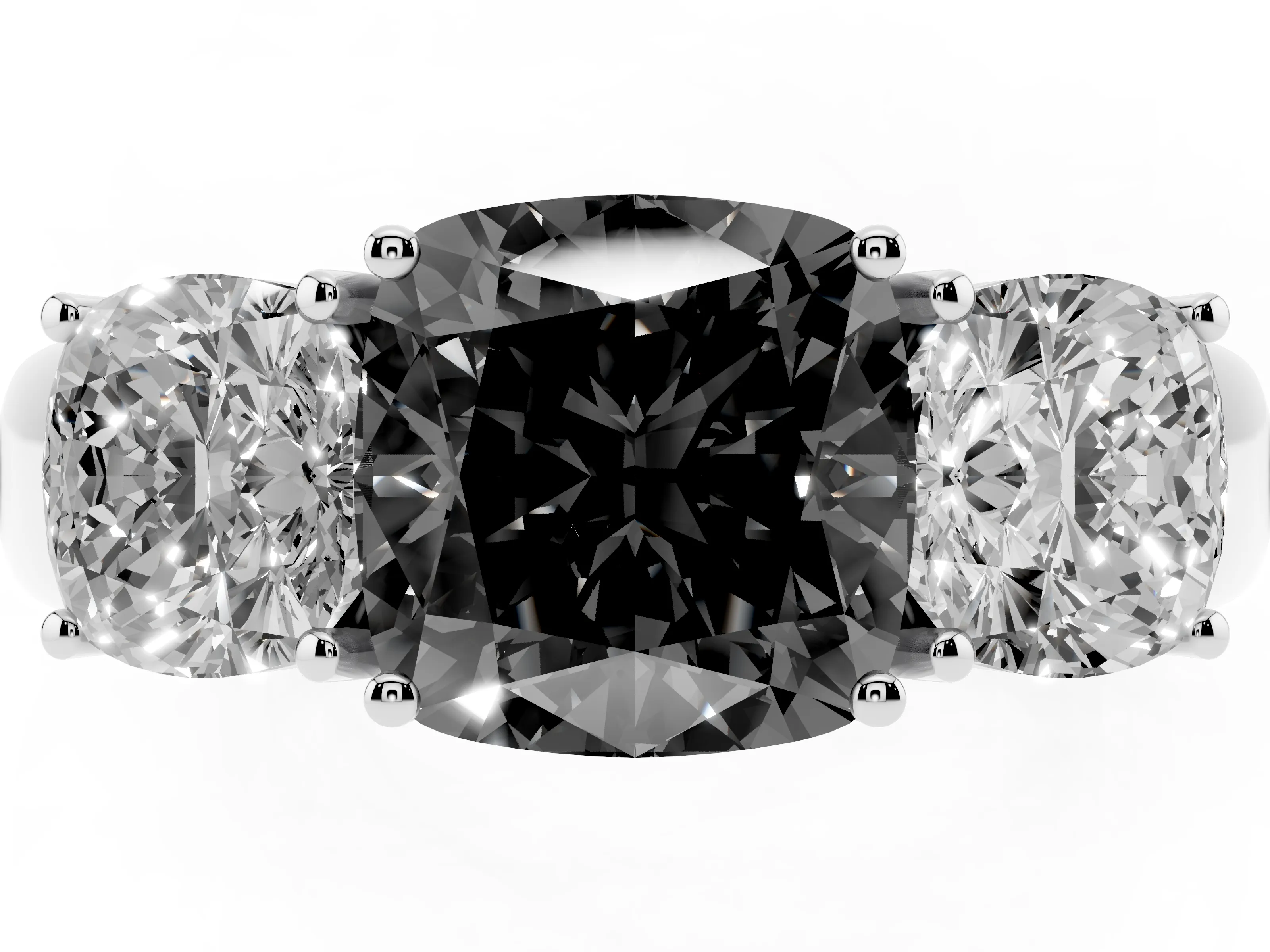 Fancy Black Three-Stone Cushion Cut Diamond Ring Set in Silver with Matching Prong Settings and Plain Band