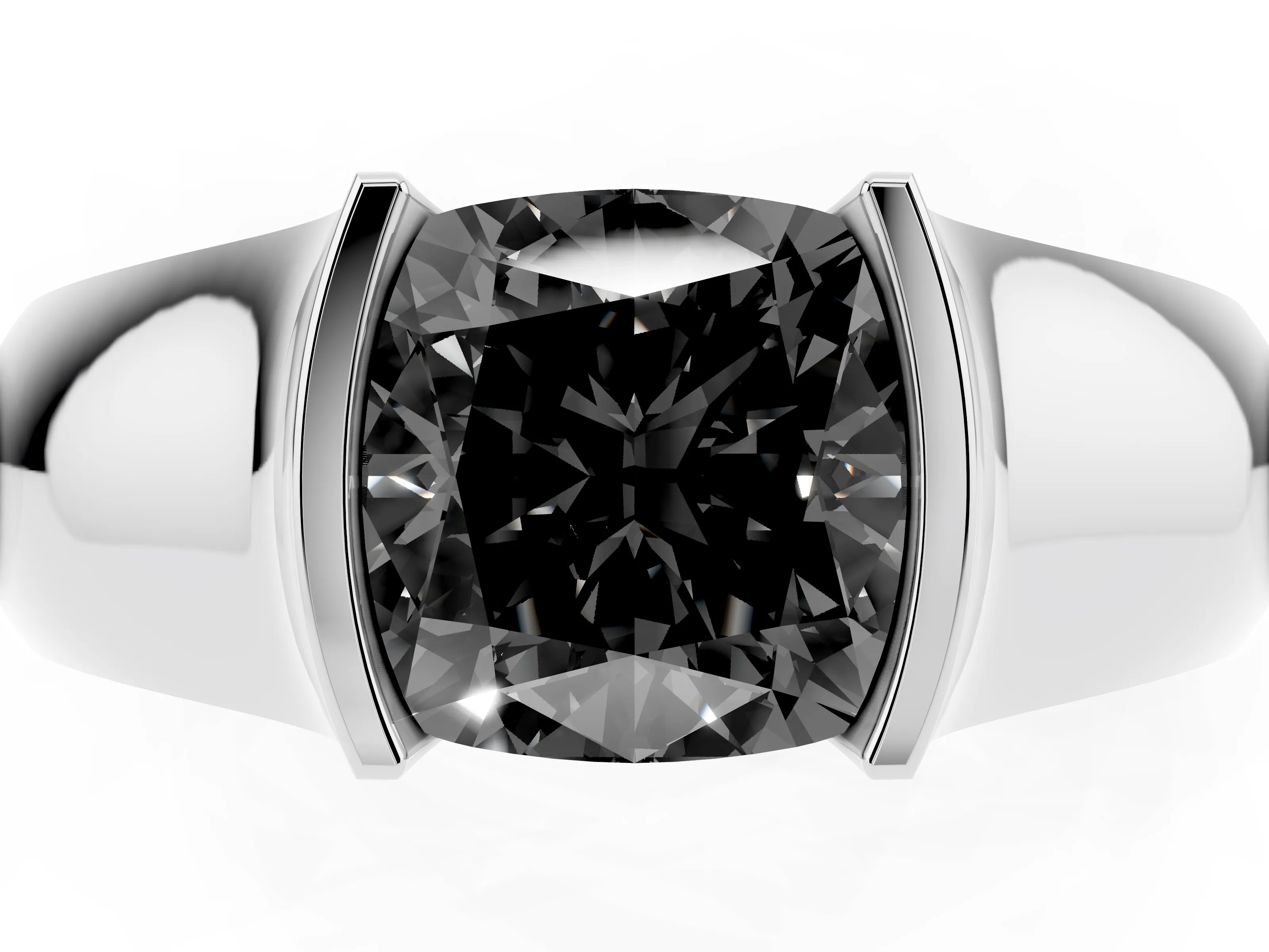 Fancy Black Cushion Cut Diamond Bezel Solitaire Ring Set in Platinum with Wide Band