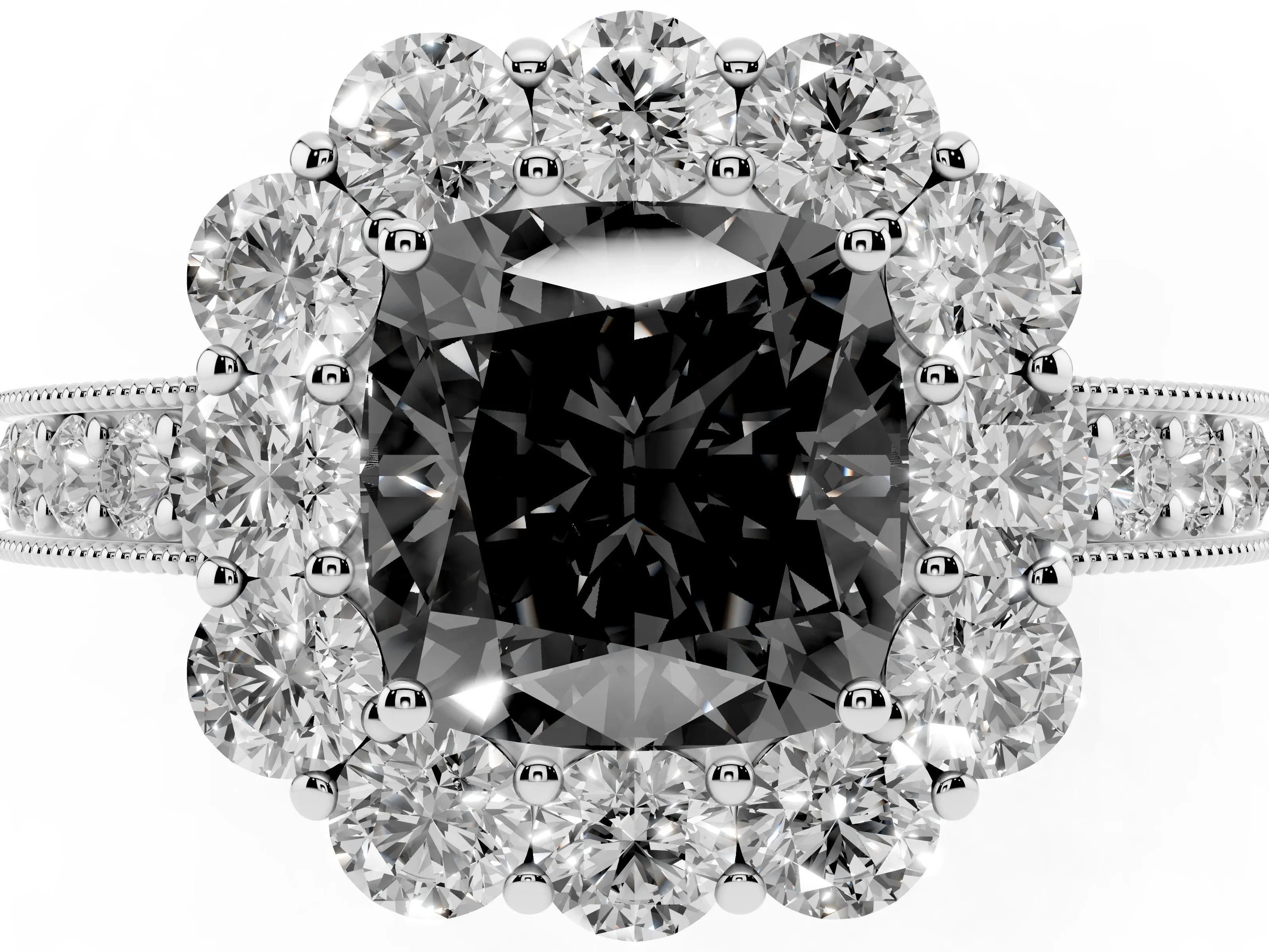 Fancy Black Cushion Cut Diamond Halo Pavé Engagement Ring Set in White gold with Milgrain Detailing