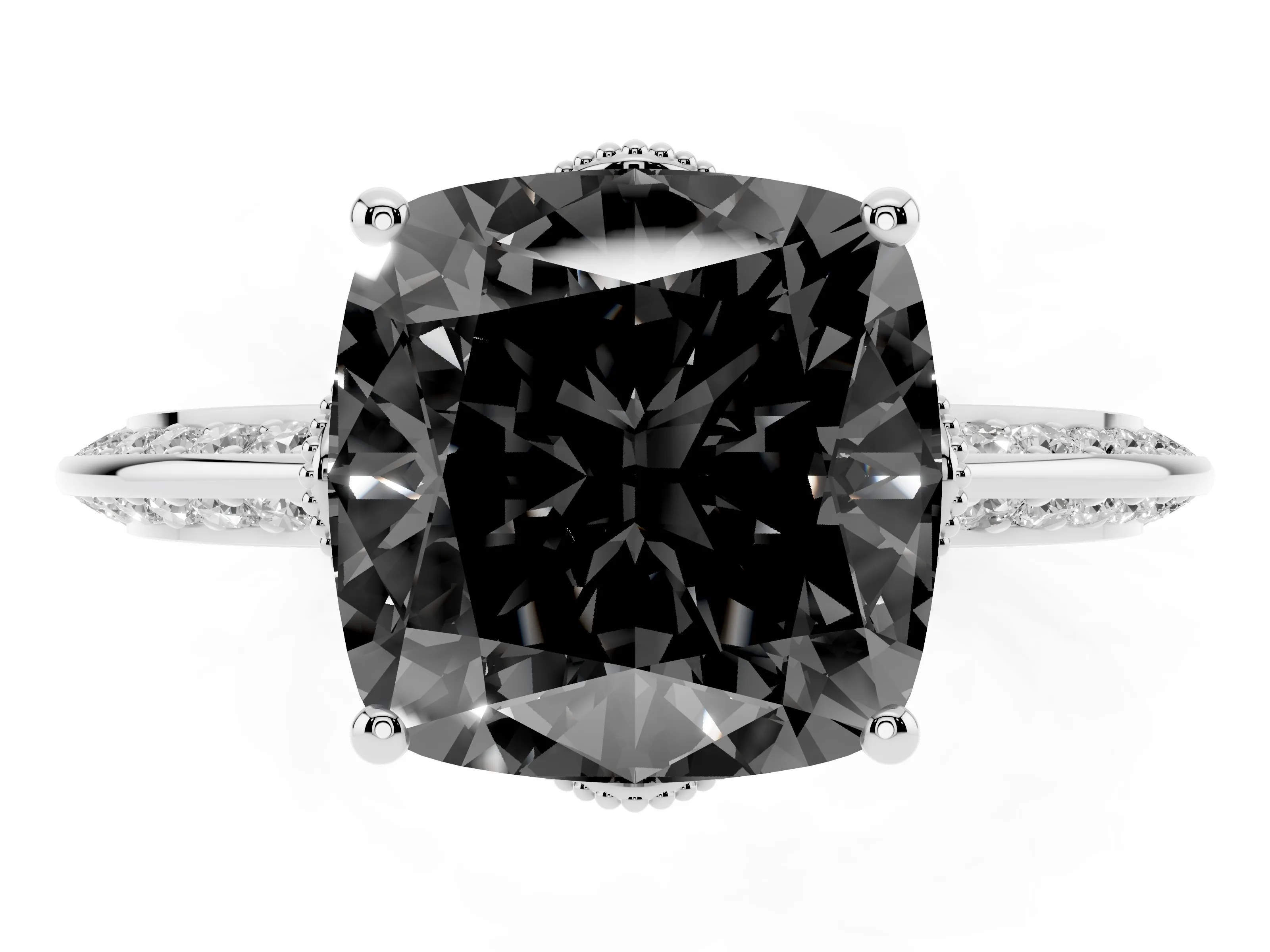 Fancy Black Cushion Cut Diamond Solitaire Engagement Ring Set in White gold with Pavé Split Shank and Prong Setting
