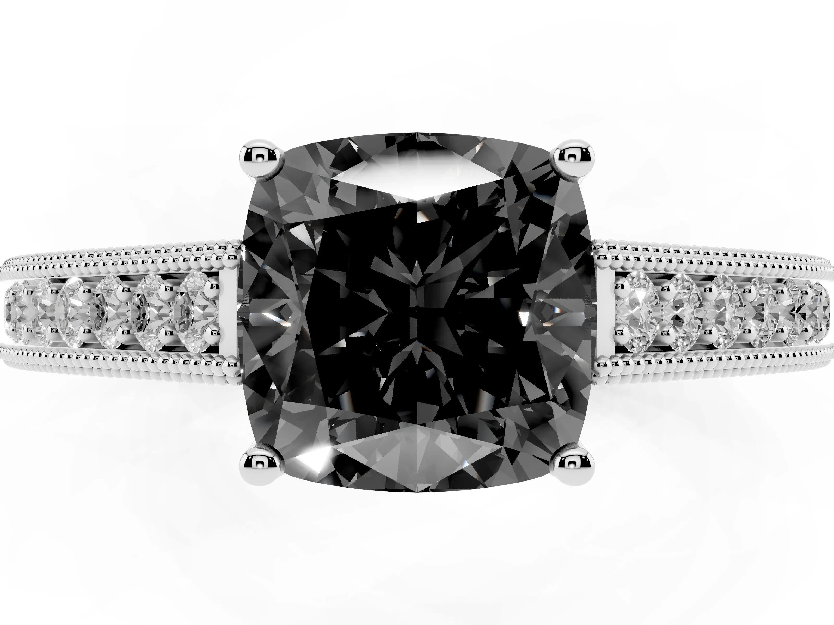 Fancy Black Cushion Cut Diamond Milgrain Pavé Band Solitaire Ring Set in White gold with Prong Setting