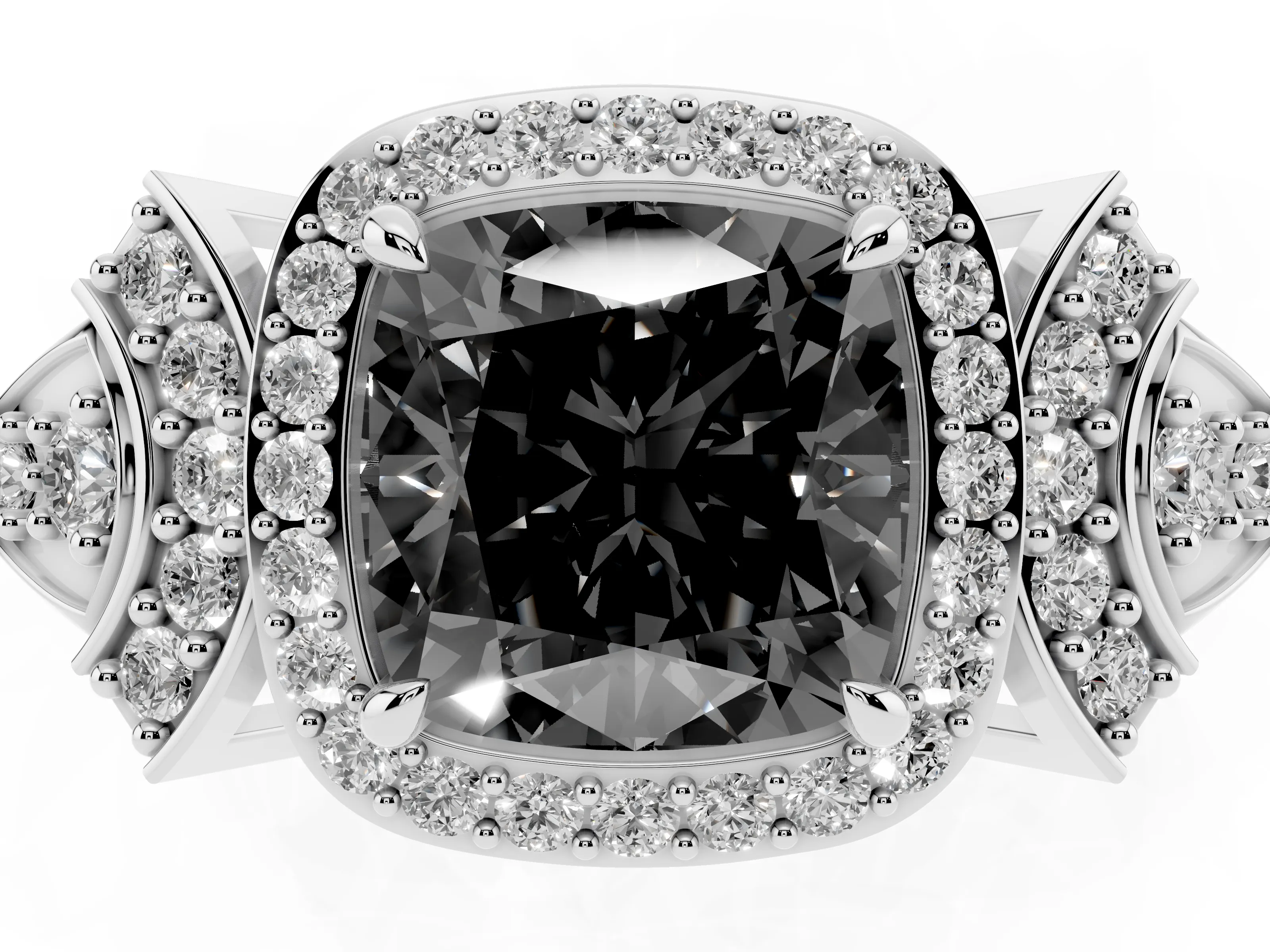 Fancy Black Cushion Cut Diamond Halo Engagement Ring Set in White gold with Accent Stone Split Shank