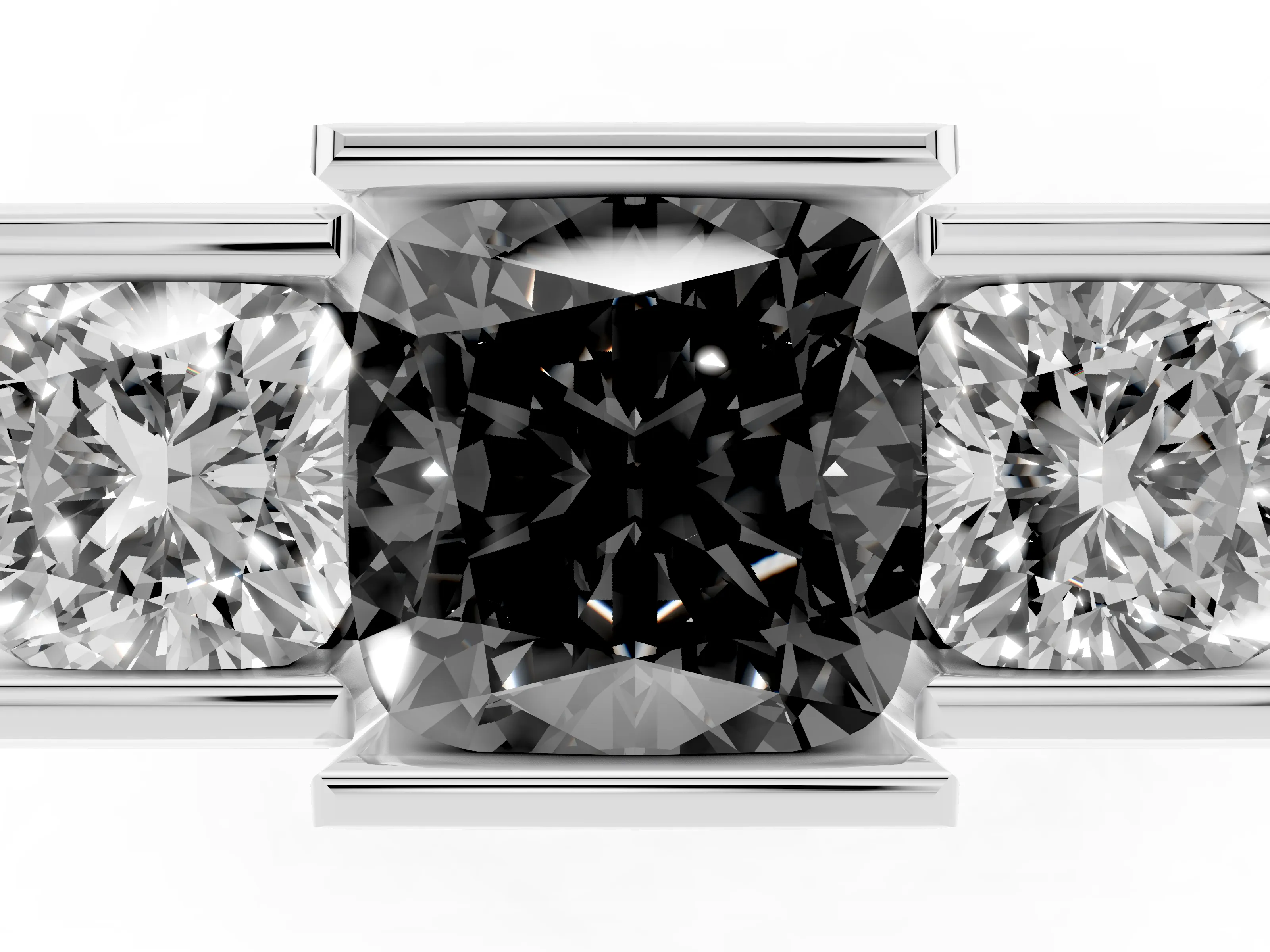 Fancy Black Cushion Cut Diamond Three-Stone Channel Set Ring Set in Silver with Smooth Polished Band