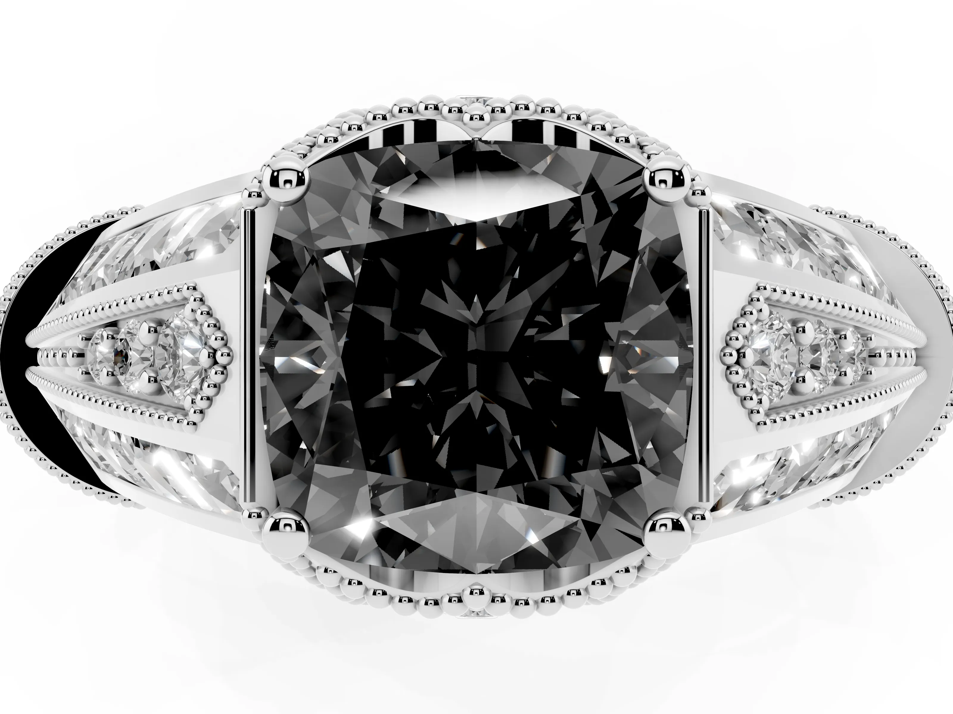 Fancy Black Cushion Cut Diamond Vintage-Inspired Milgrain Ring Set in Silver with Accent Split Shank