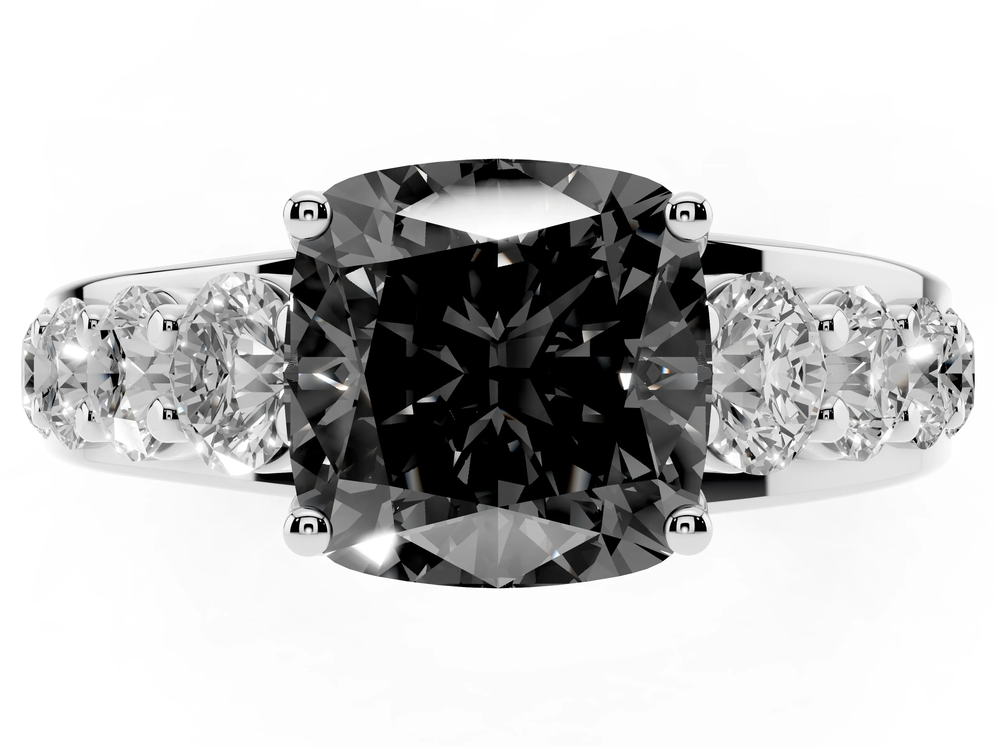 Fancy Black Cushion Cut Diamond Pavé Engagement Ring Set in Platinum with Prong Setting